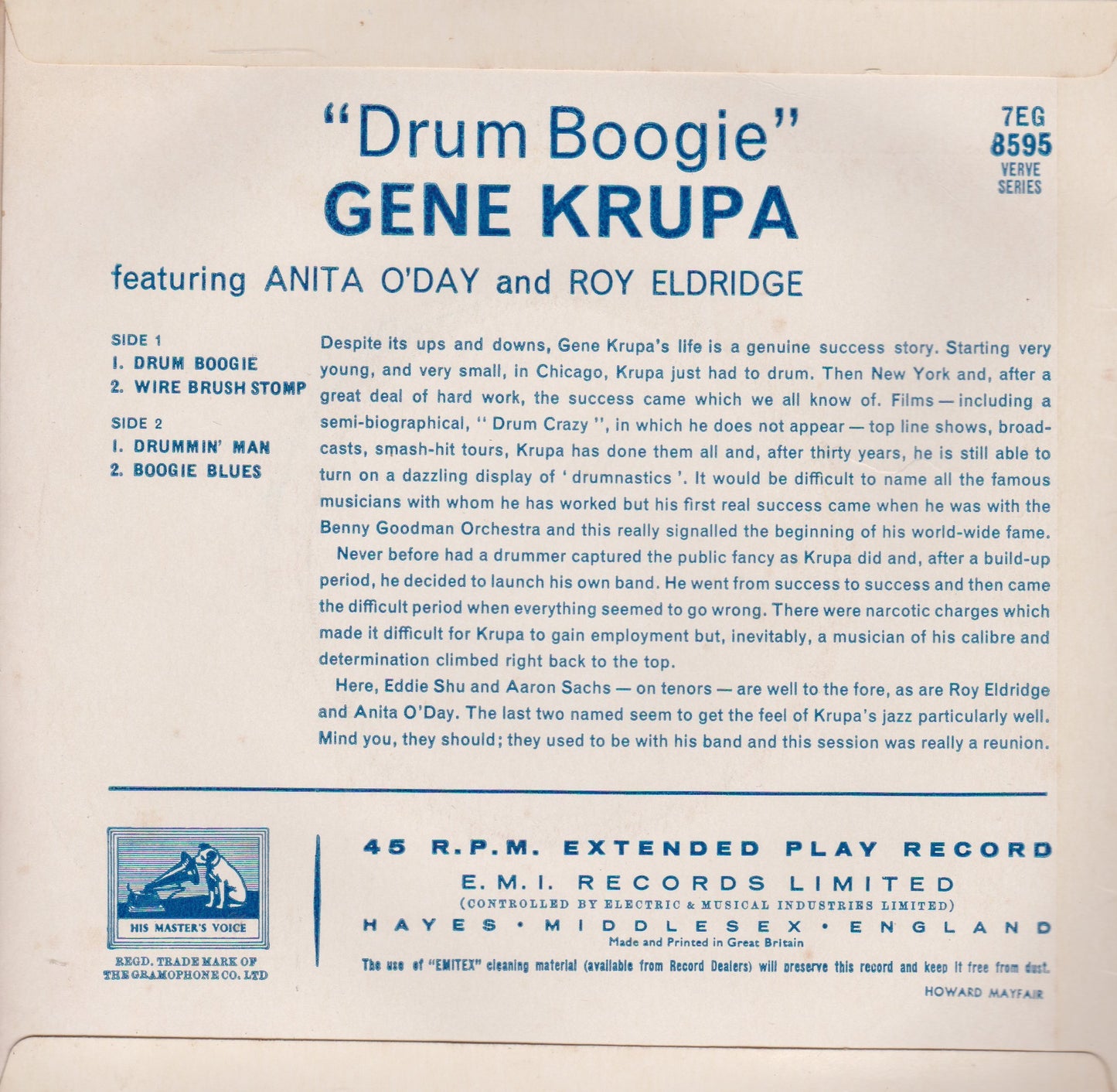 Gene Krupa – Drum Boogie (HMV 1960) 7" vinyl P/S EP VG/VG