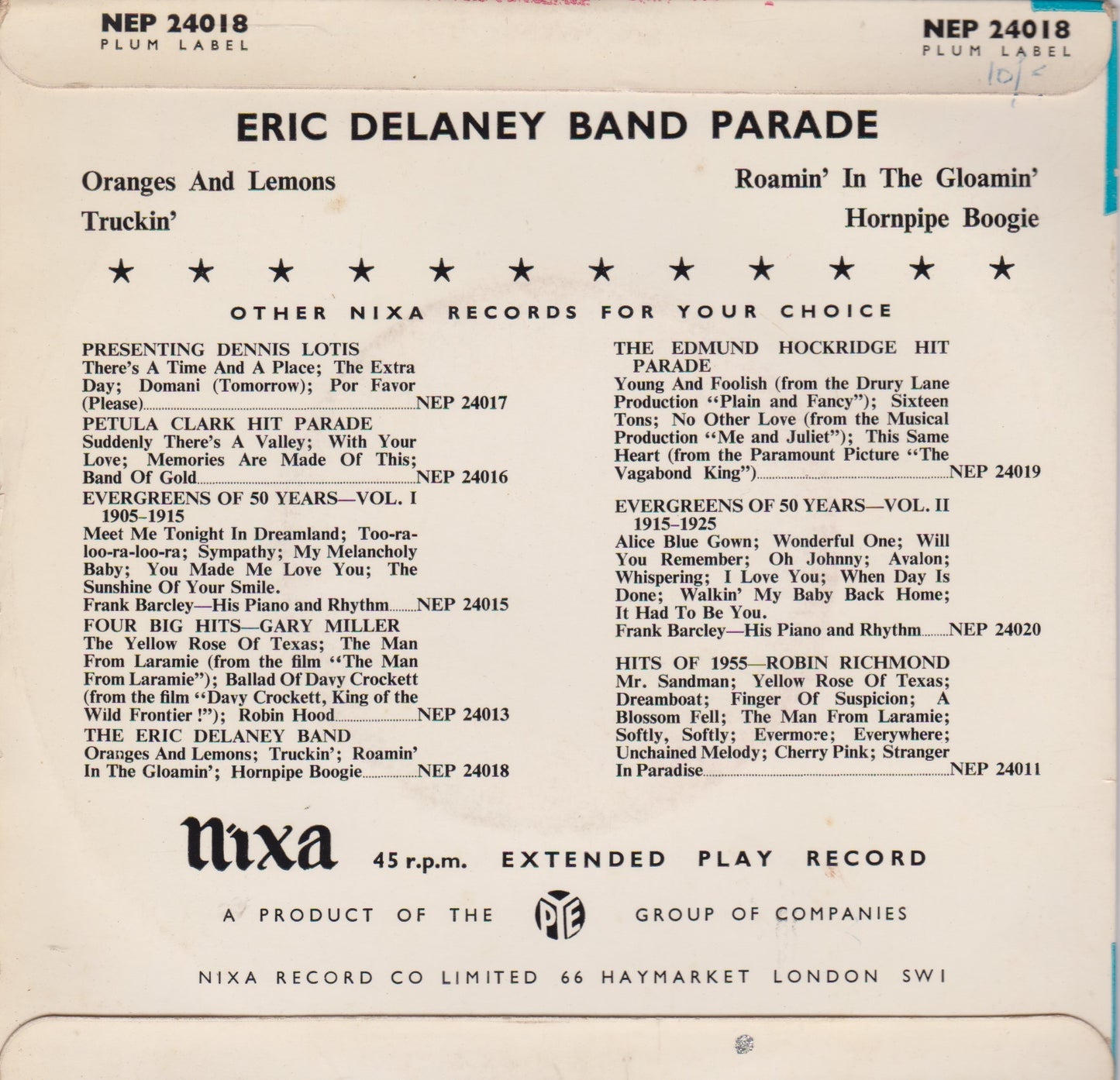 Eric Delaney Band Parade ‎– Untitled (Pye Nixa) 7" vinyl P/S EP VG/VG