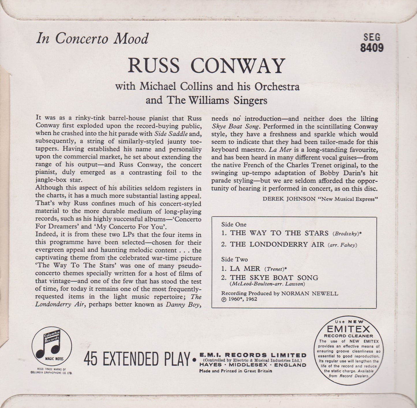 Russ Conway With Michael Collins And His Orchestra ‎– In Concerto Mood (Columbia 1964) 7" vinyl P/S EP VG/VG