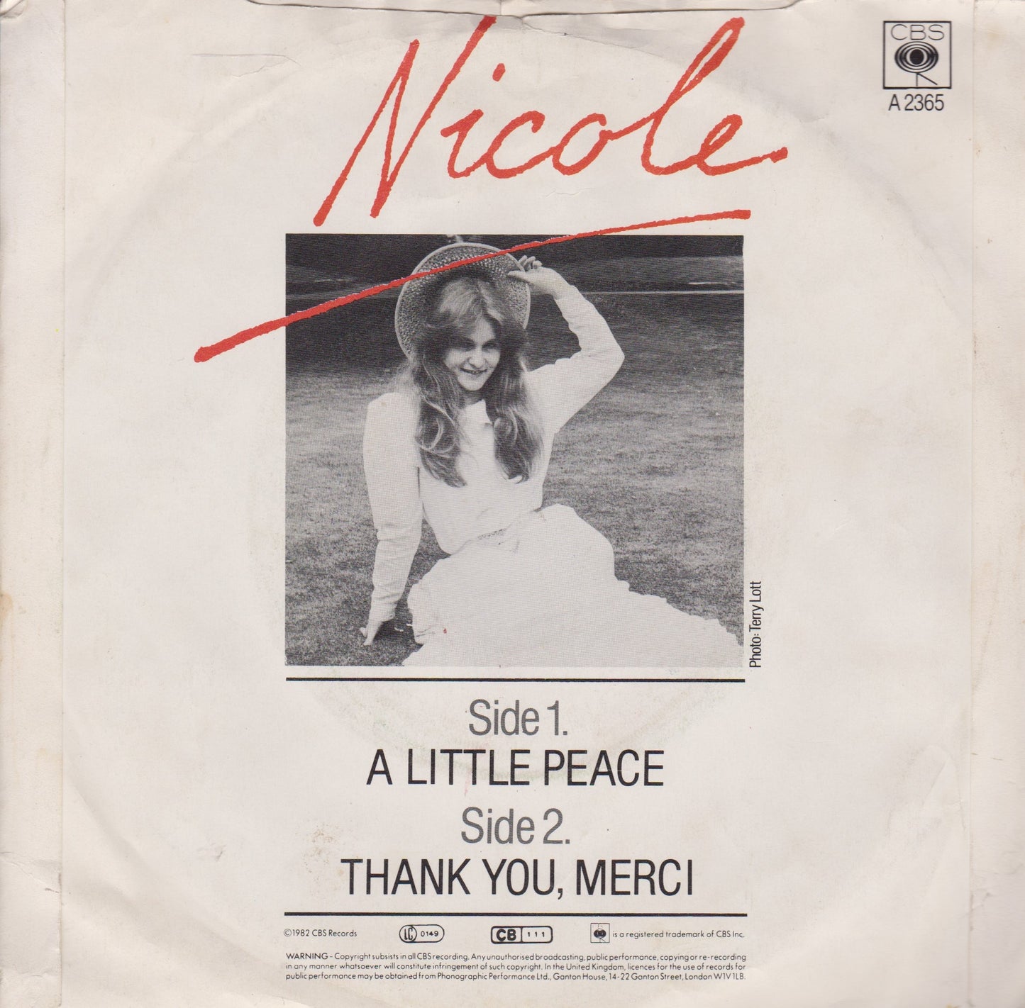 Nicole ‎– A Little Peace (CBS 1982) 7" vinyl P/S single VG/VG