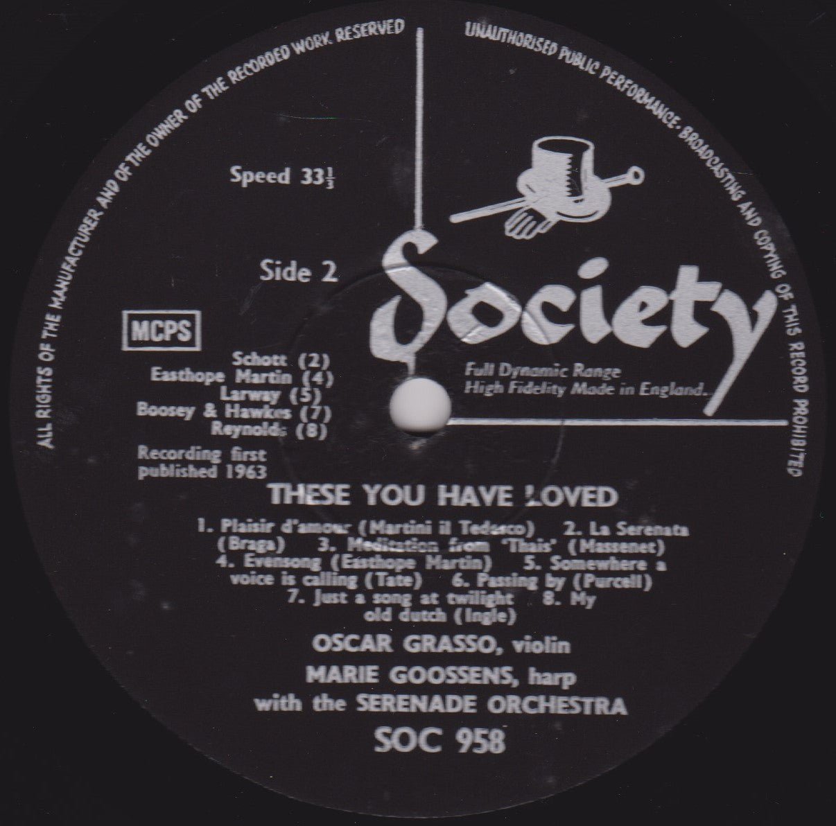 Oscar Grasso With Marie Goossens With The Serenade Orchestra – These You Have Loved 12" LP VG/VG