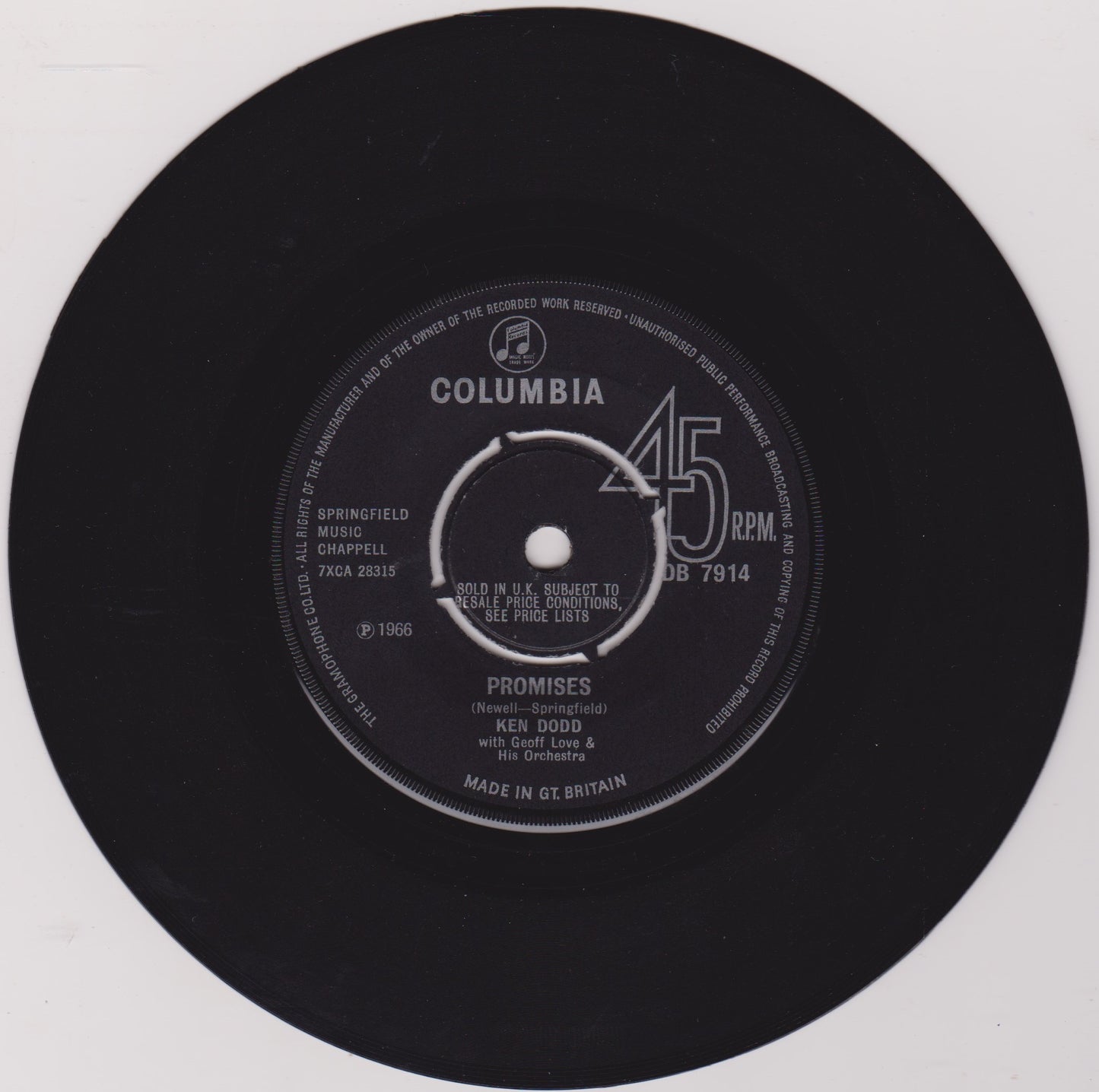 Ken Dodd With Geoff Love & His Orchestra ‎– Promises (Columbia 1966) 7" vinyl single VG/-