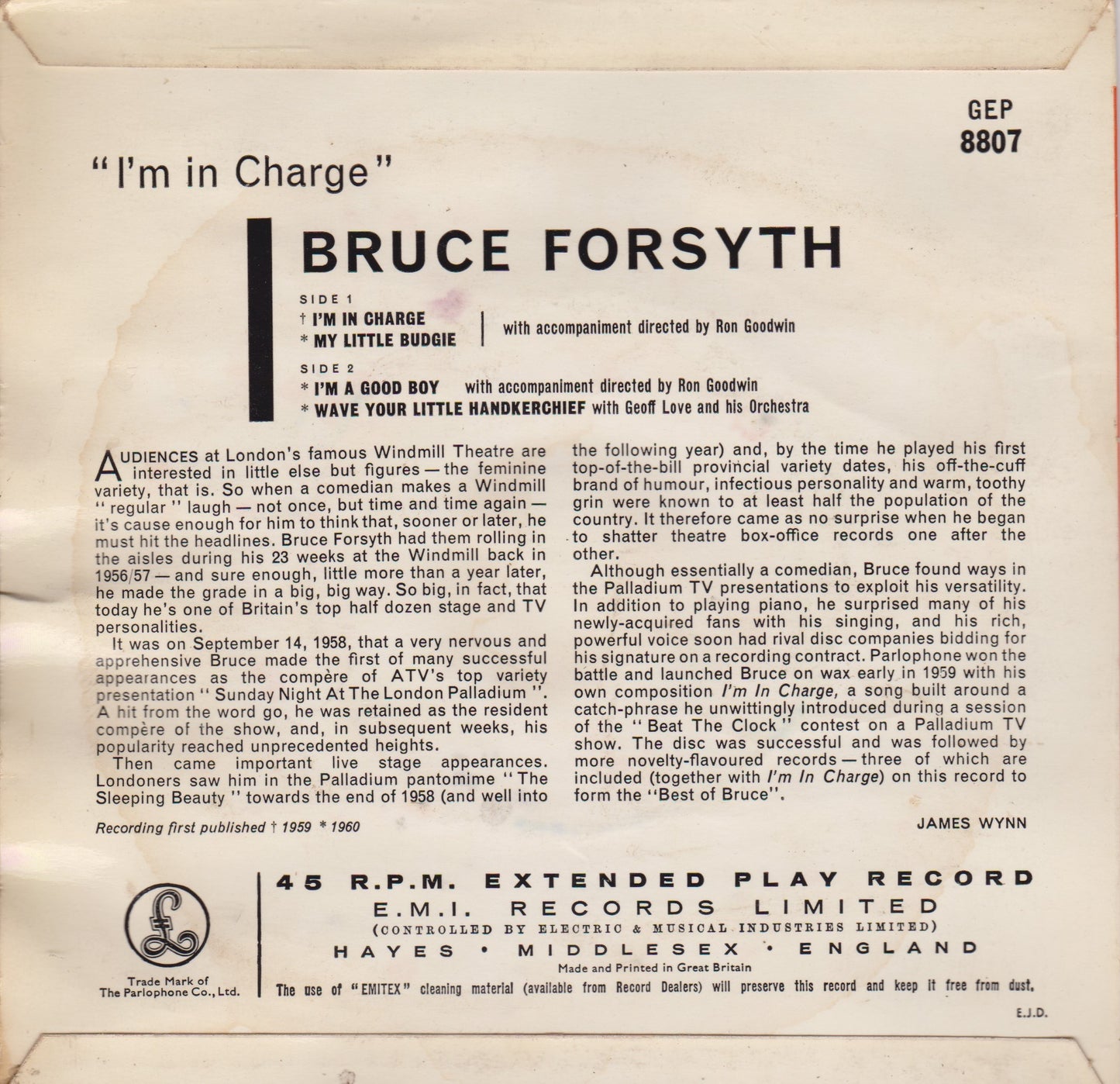 Bruce Forsyth – I'm In Charge (Parlophone 1960) 7" vinyl P/S EP VG/VG