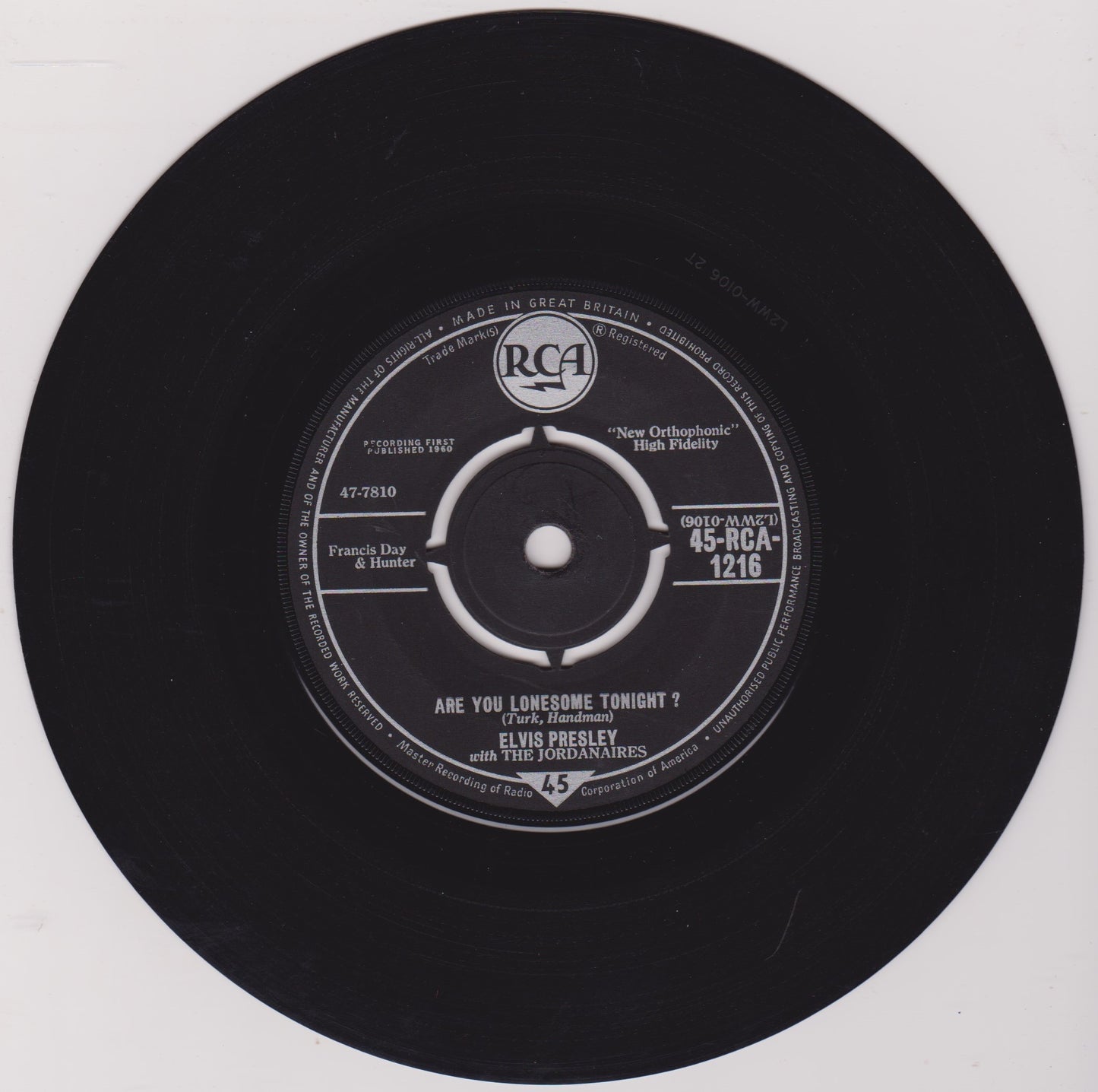 Elvis Presley With The Jordanaires ‎– Are You Lonesome Tonight? (RCA 1961) 7" vinyl single VG/VG
