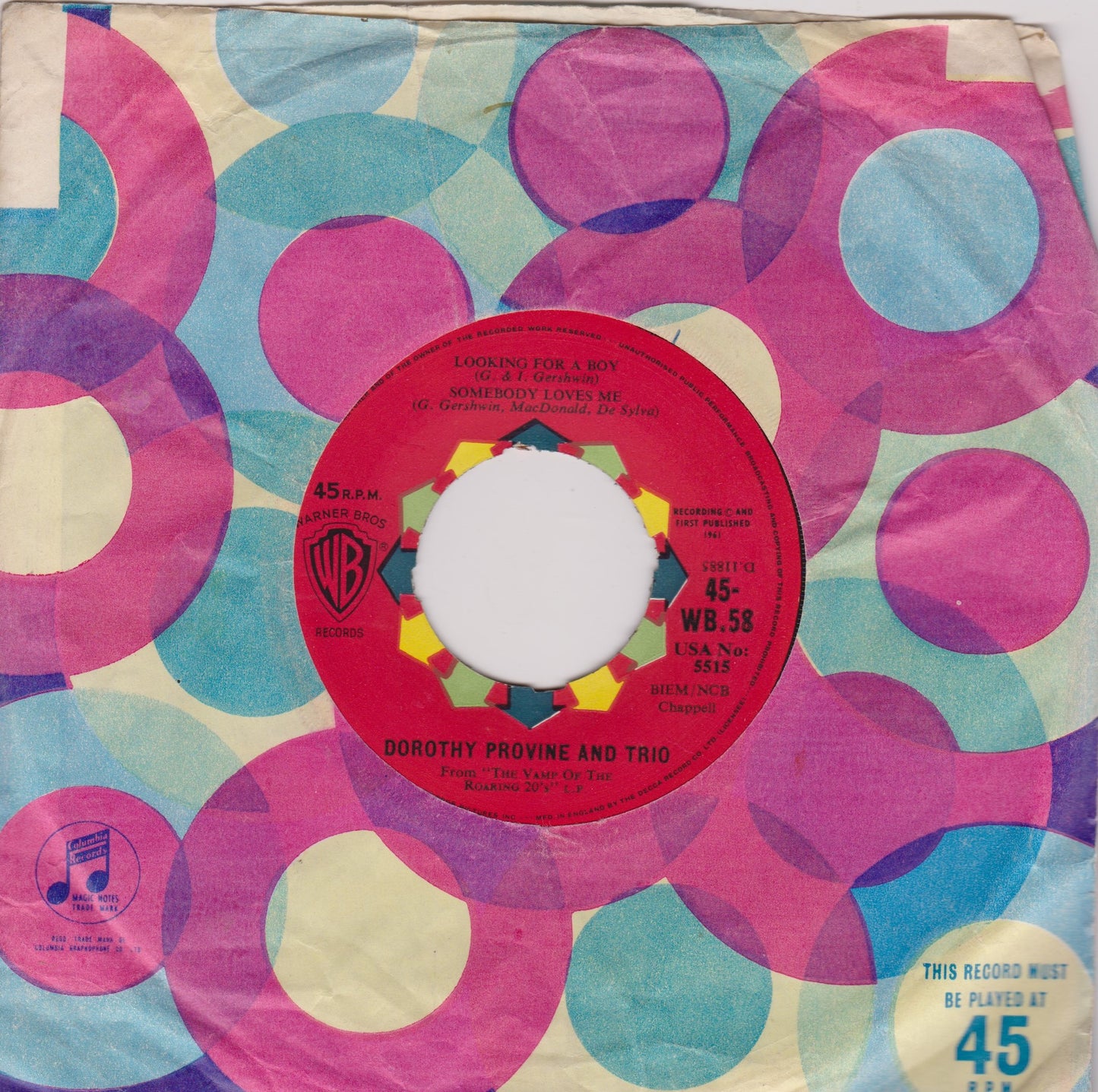 Dorothy Provine ‎– Looking For A Boy / Somebody Loves Me (WB 1962) 7" vinyl single VG/- jukebox