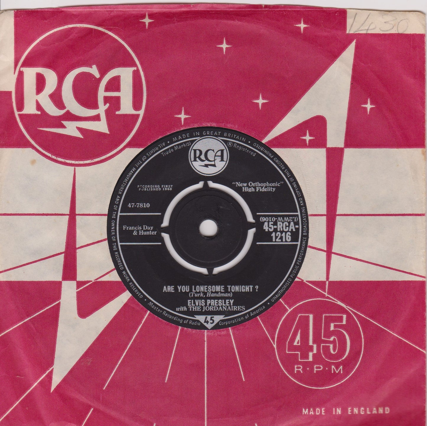 Elvis Presley With The Jordanaires ‎– Are You Lonesome Tonight? (RCA 1961) 7" vinyl single VG/VG