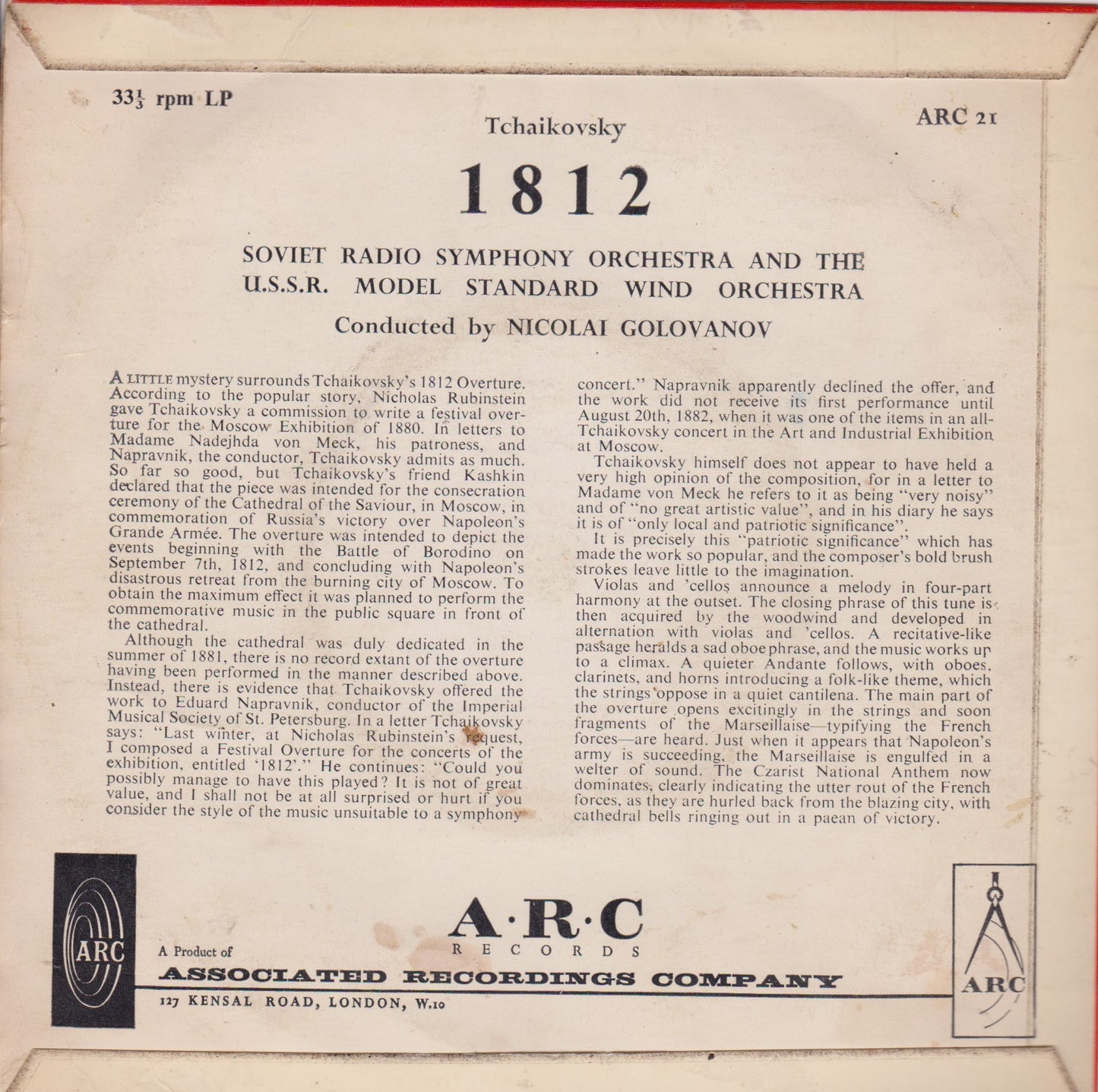 Tchaikovsky, Soviet Radio Symphony Orchestra ‎– 1812 Overture (ARC 1963) 7" vinyl P/S EP G+/VG