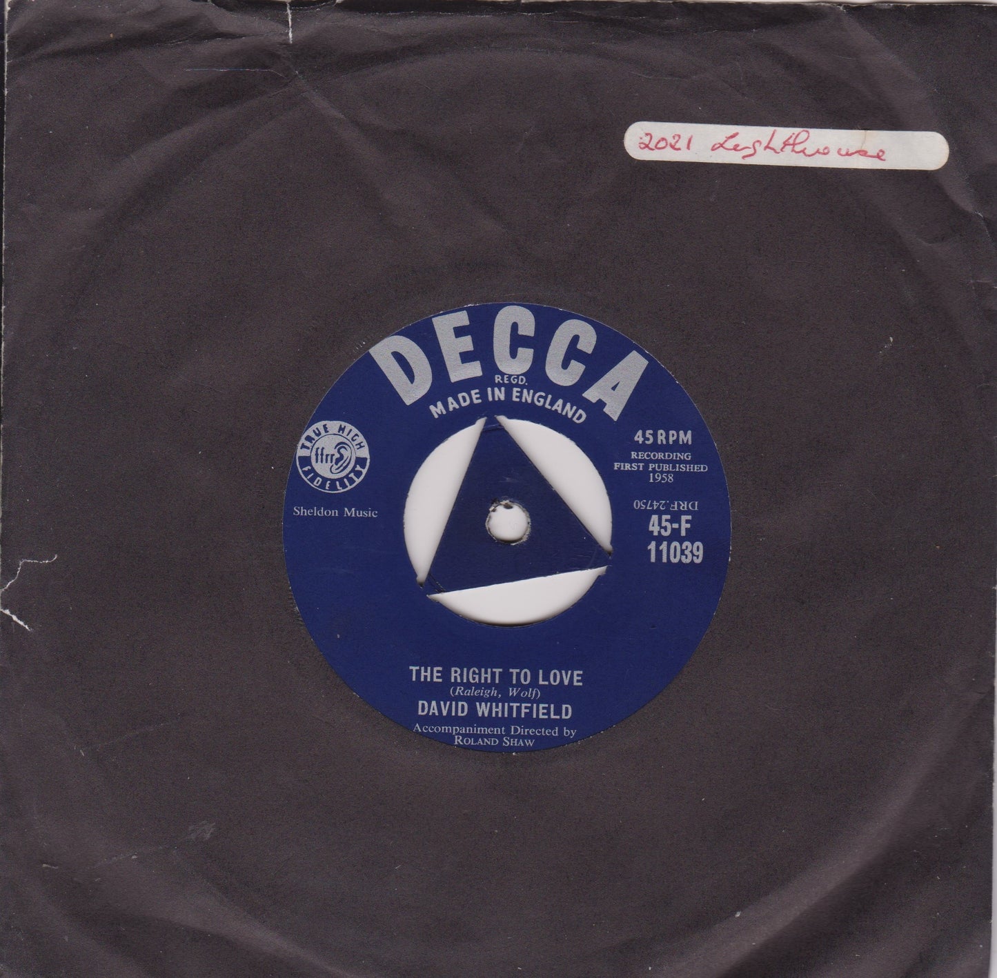 David Whitfield ‎– The Right To Love (Decca 1958) 7" vinyl single VG/-