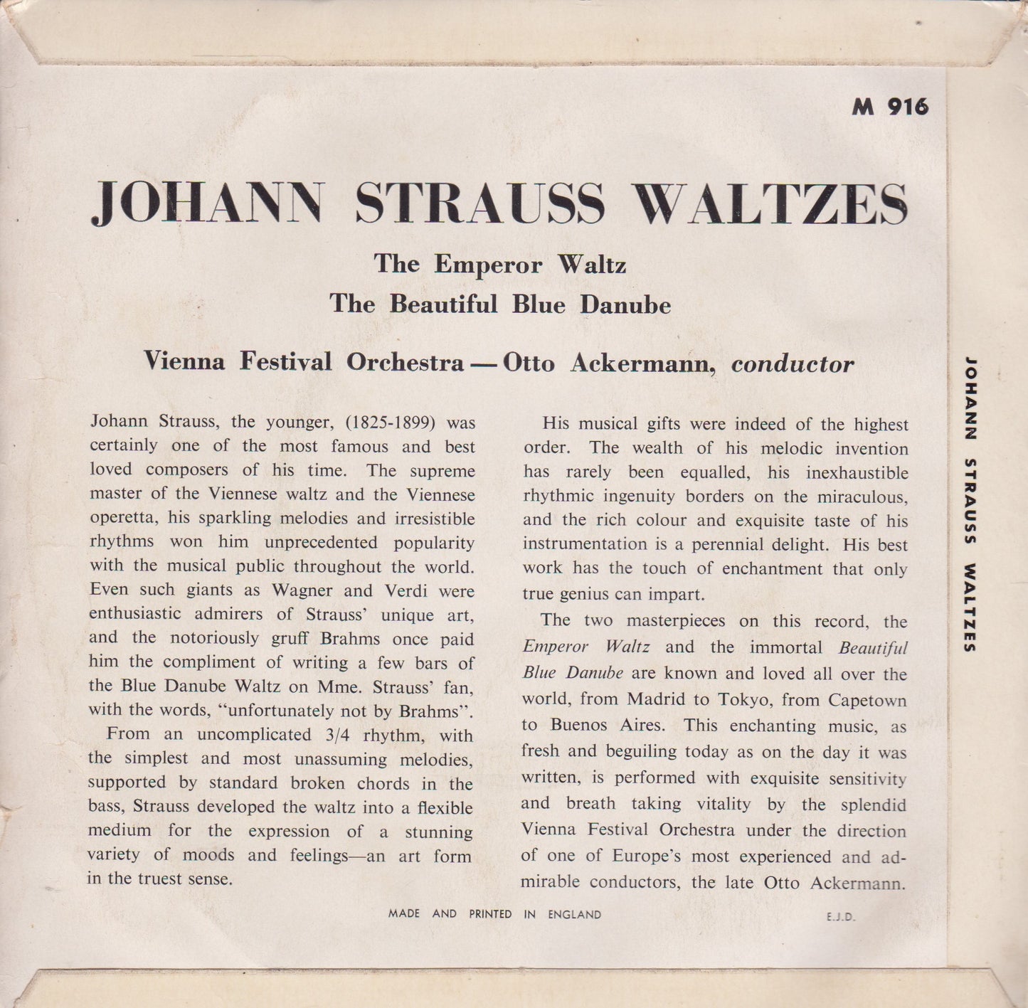 Strauss, Vienna Festival Orchestra, Ackermann ‎– Blue Danube And Emperor Waltzes 7" vinyl P/S EP VG/VG