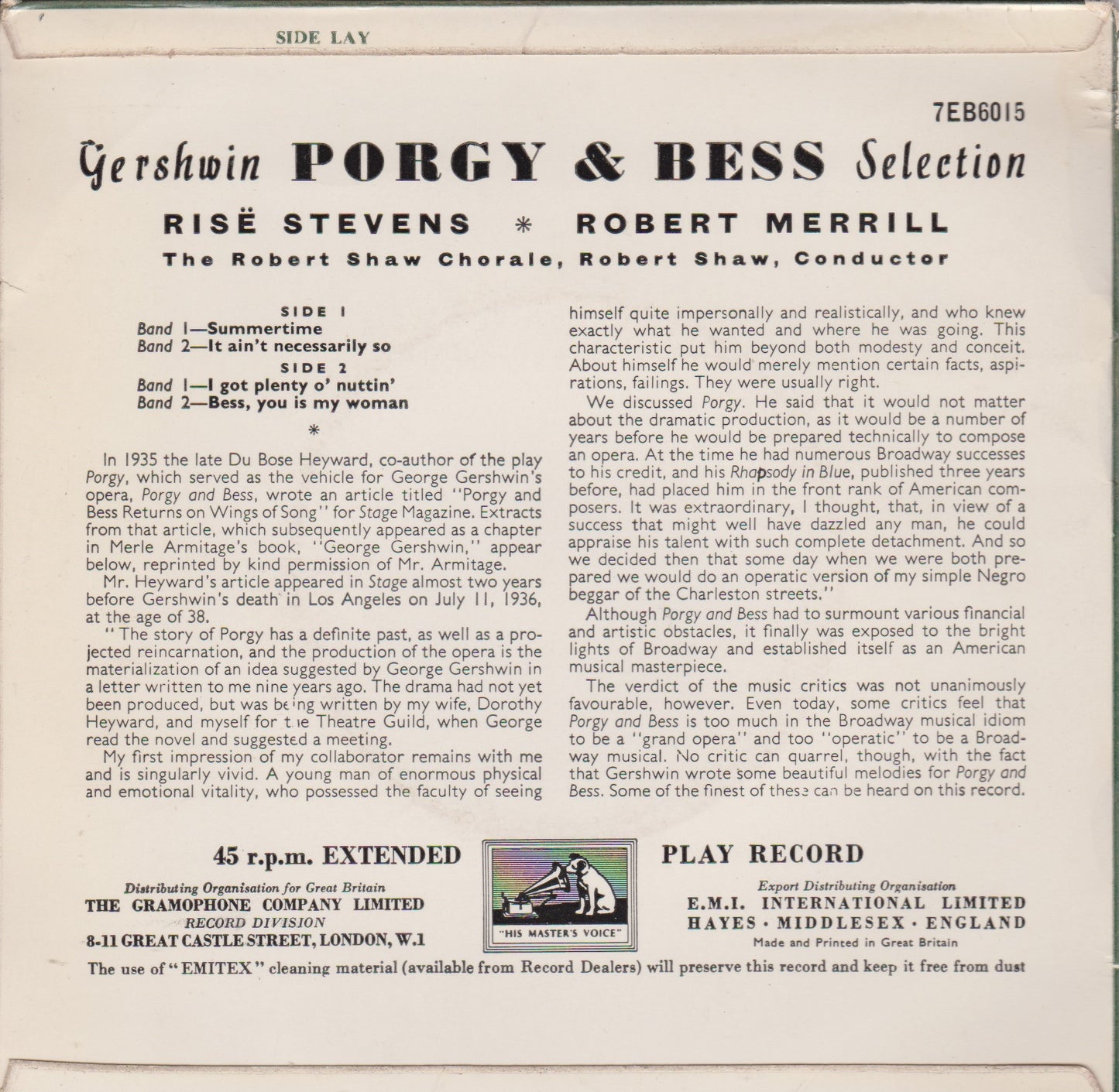 Gershwin, Stevens, Merrill – Selections From Porgy And Bess (HMV 1956) 7" vinyl P/S EP VG/VG