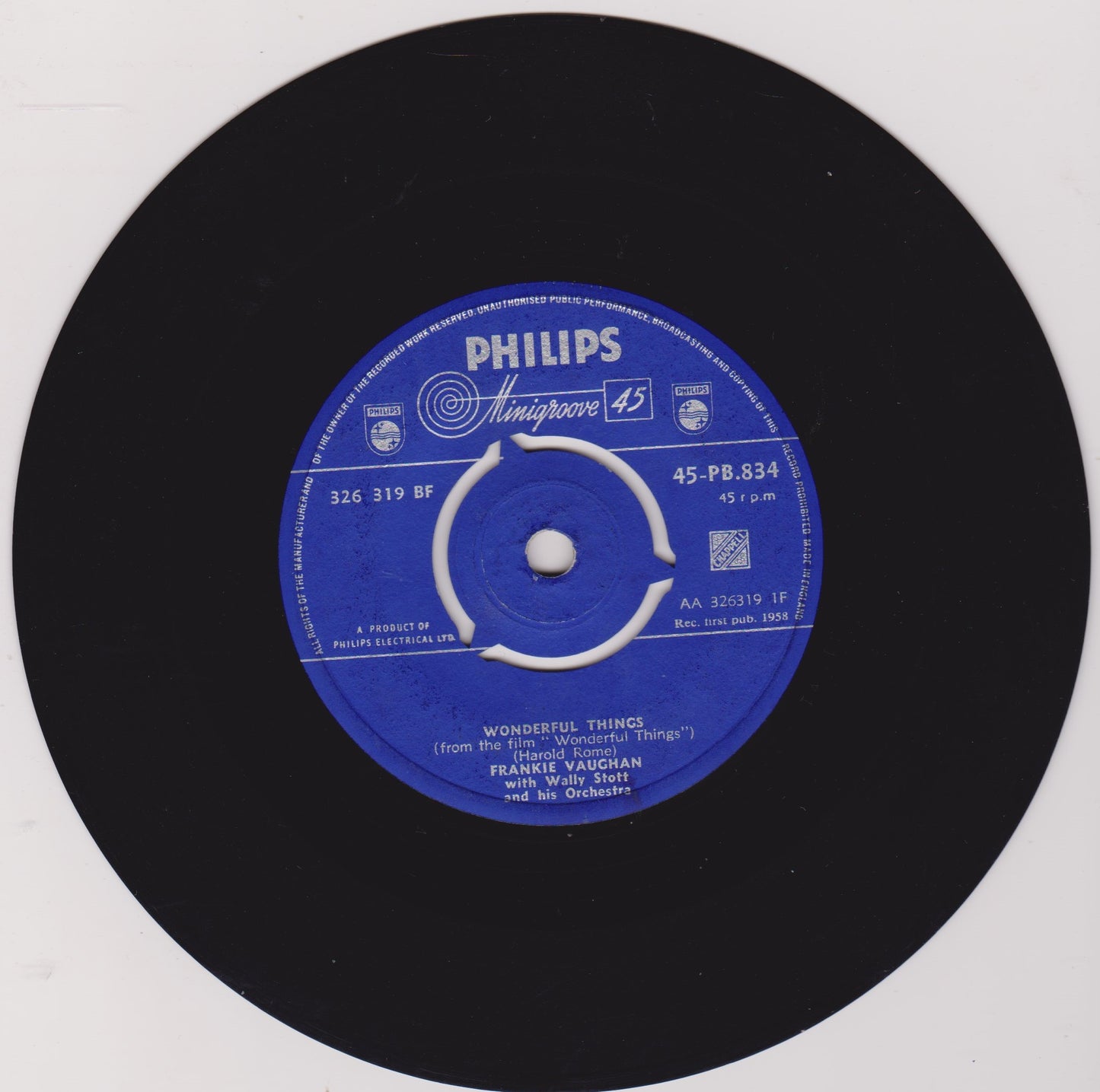 Frankie Vaughan With Wally Stott And His Orchestra ‎– Wonderful Things (Philips 1958) 7" vinyl single VG/-