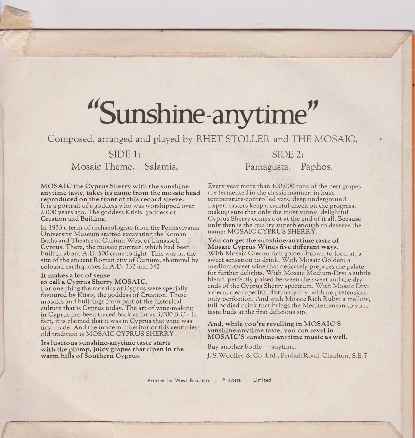 Rhet Stoller And The Mosaic – "Sunshine-Anytime" (1969) 7" vinyl P/S EP VG/VG