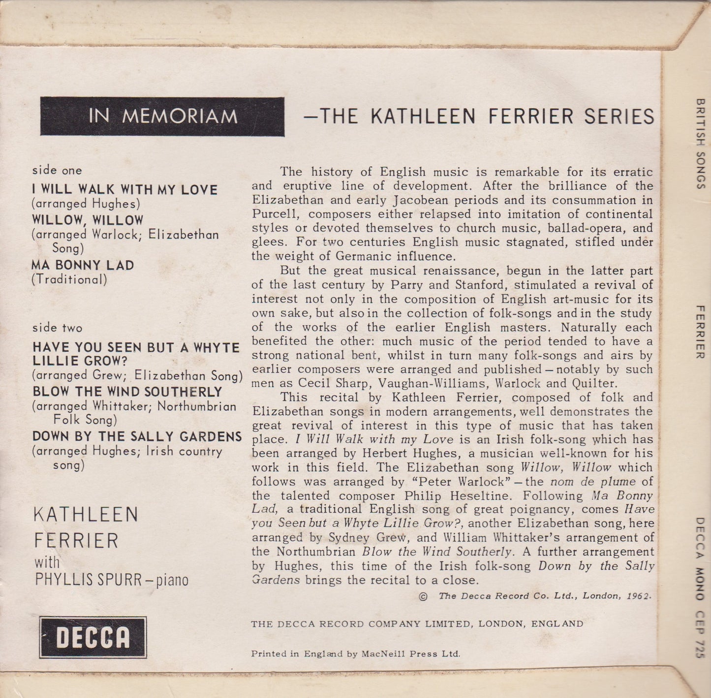 Kathleen Ferrier With Phyllis Spurr – The Kathleen Ferrier Series: In Memoriam 7 7" vinyl P/S EP VG/VG