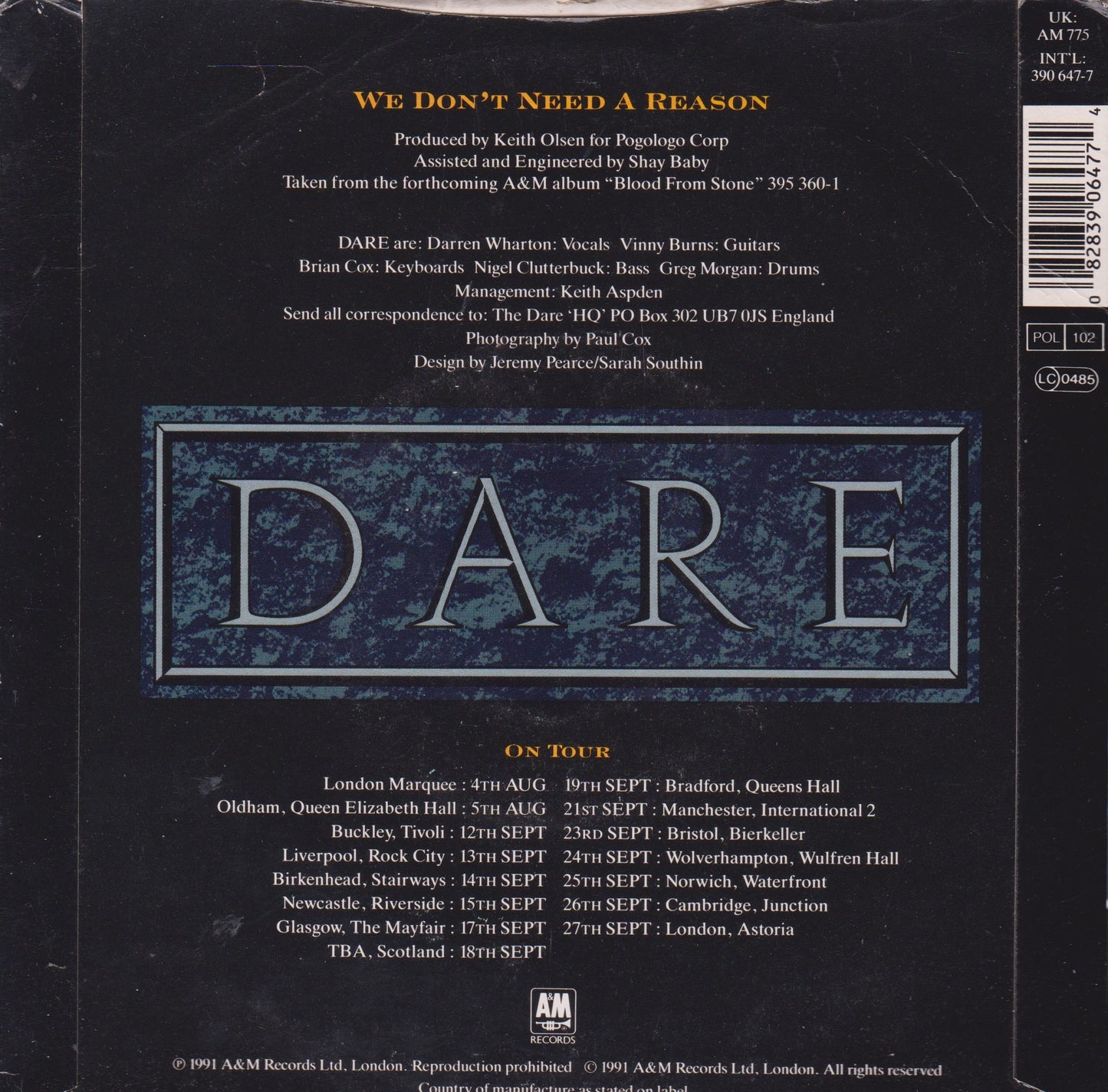 Dare – We Don't Need A Reason (A&M 1991) 7" vinyl P/S etched single VG/VG