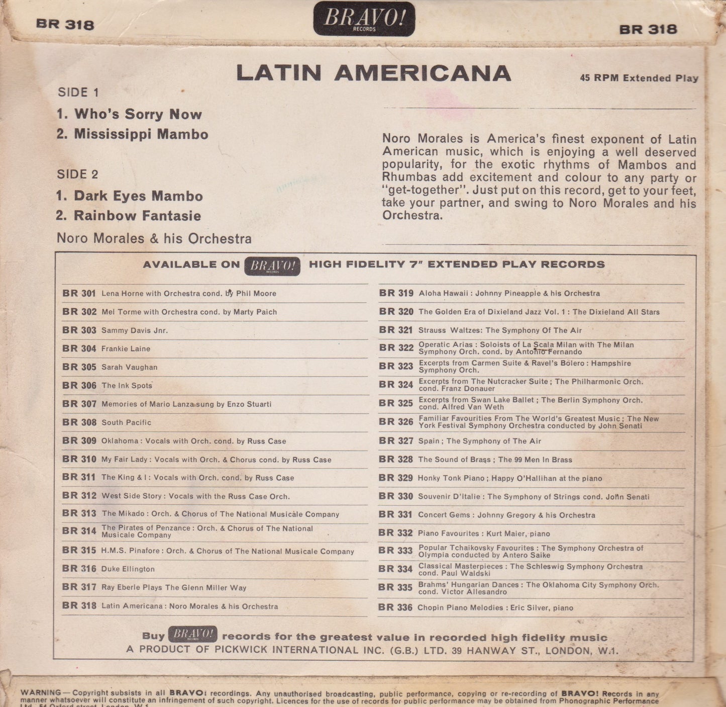 Noro Morales ‎– Latin Americana (Bravo! 1964) 7" vinyl P/S EP G+/G+