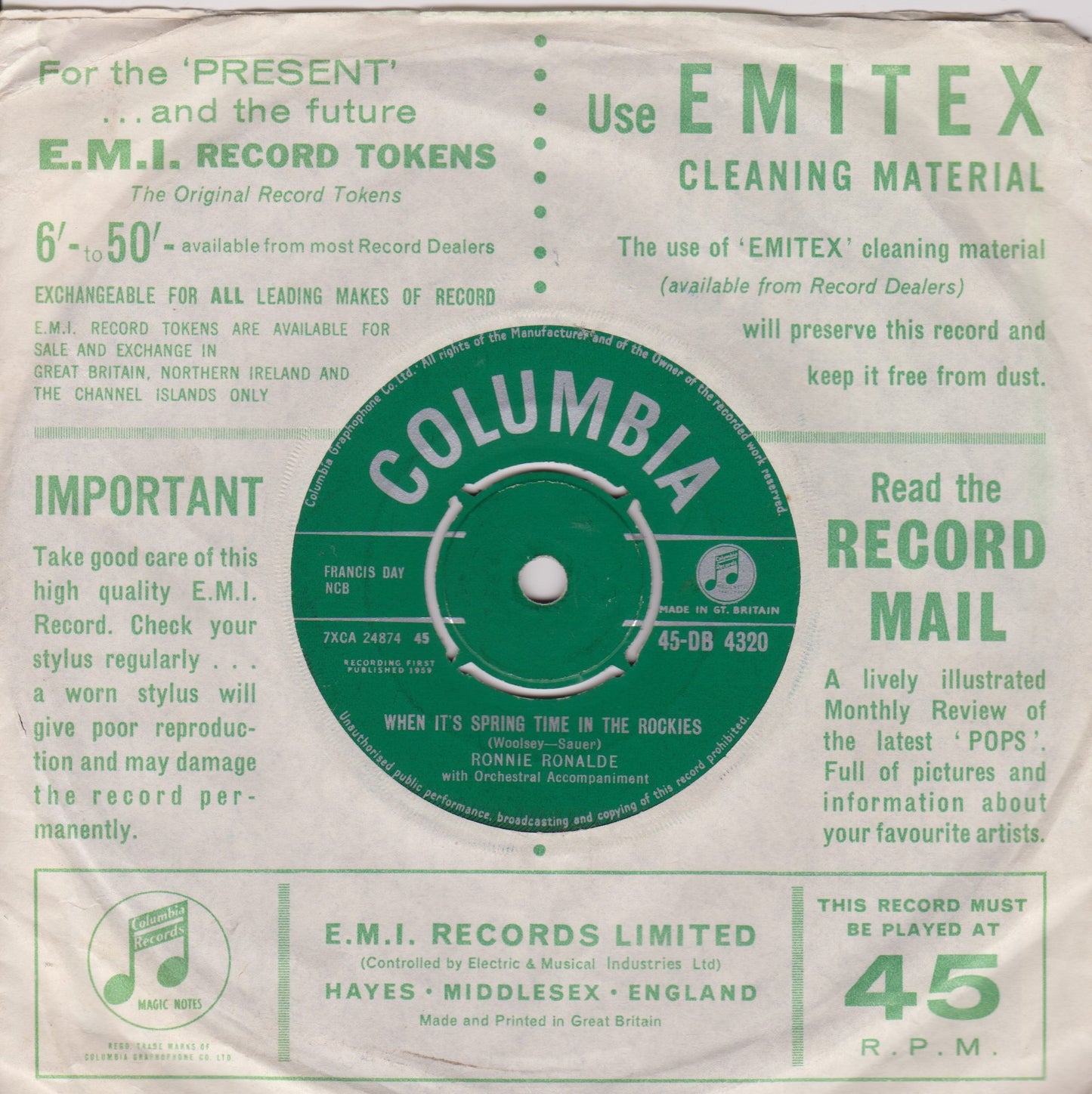 Ronnie Ronalde – The Pleasant Peasant (Columbia 1959) 7" vinyl single VG/-