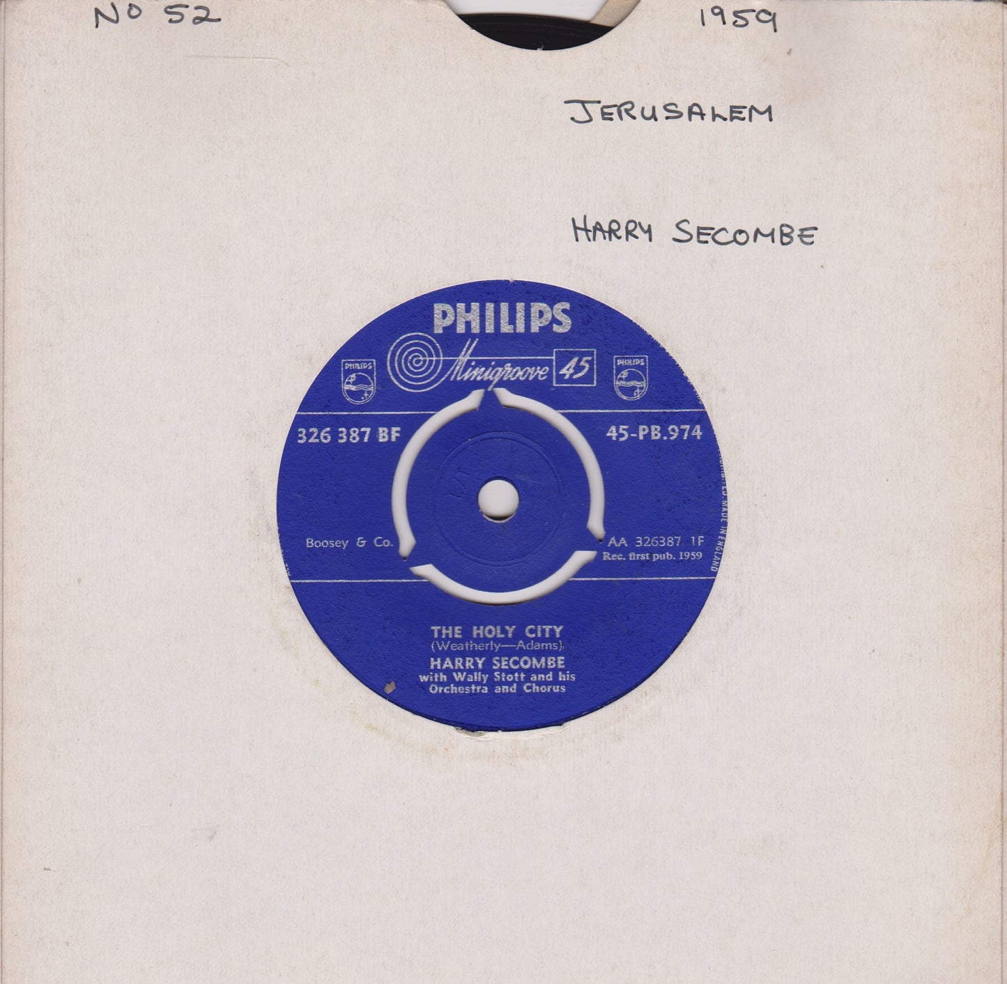 Harry Secombe - The Holy City (Philips, 1959) 7" vinyl single G+/-