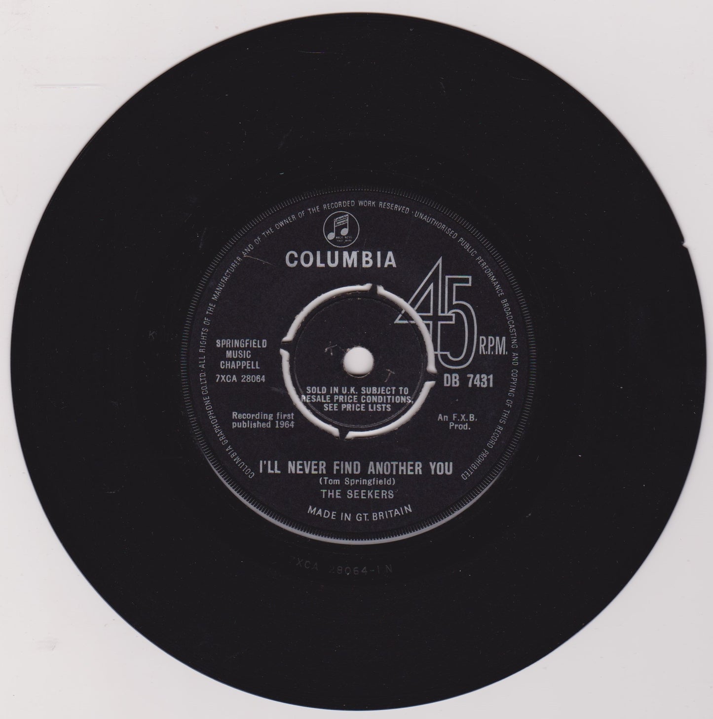 The Seekers – I'll Never Find Another You (Columbia 1964) 7” vinyl single VG/-