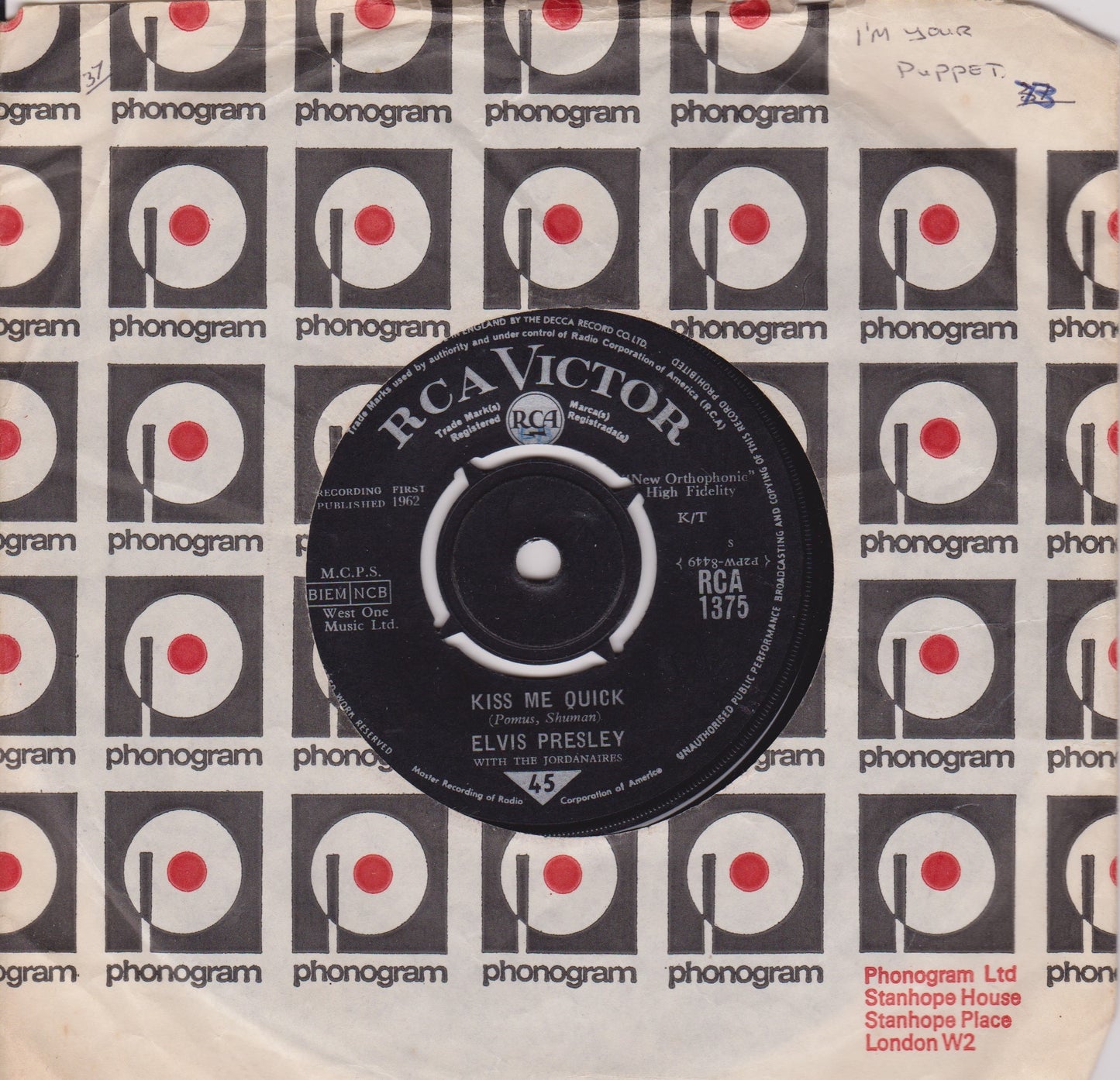 Elvis Presley With The Jordanaires – Kiss Me Quick (RCA 1963) 7" vinyl single G+/-