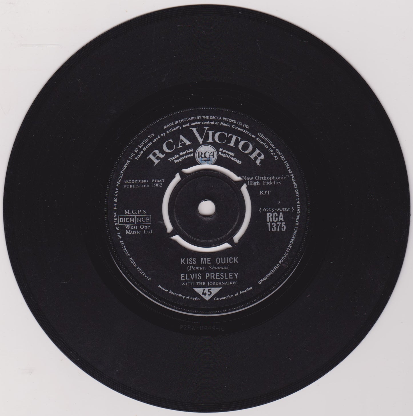 Elvis Presley With The Jordanaires – Kiss Me Quick (RCA 1963) 7" vinyl single G+/-