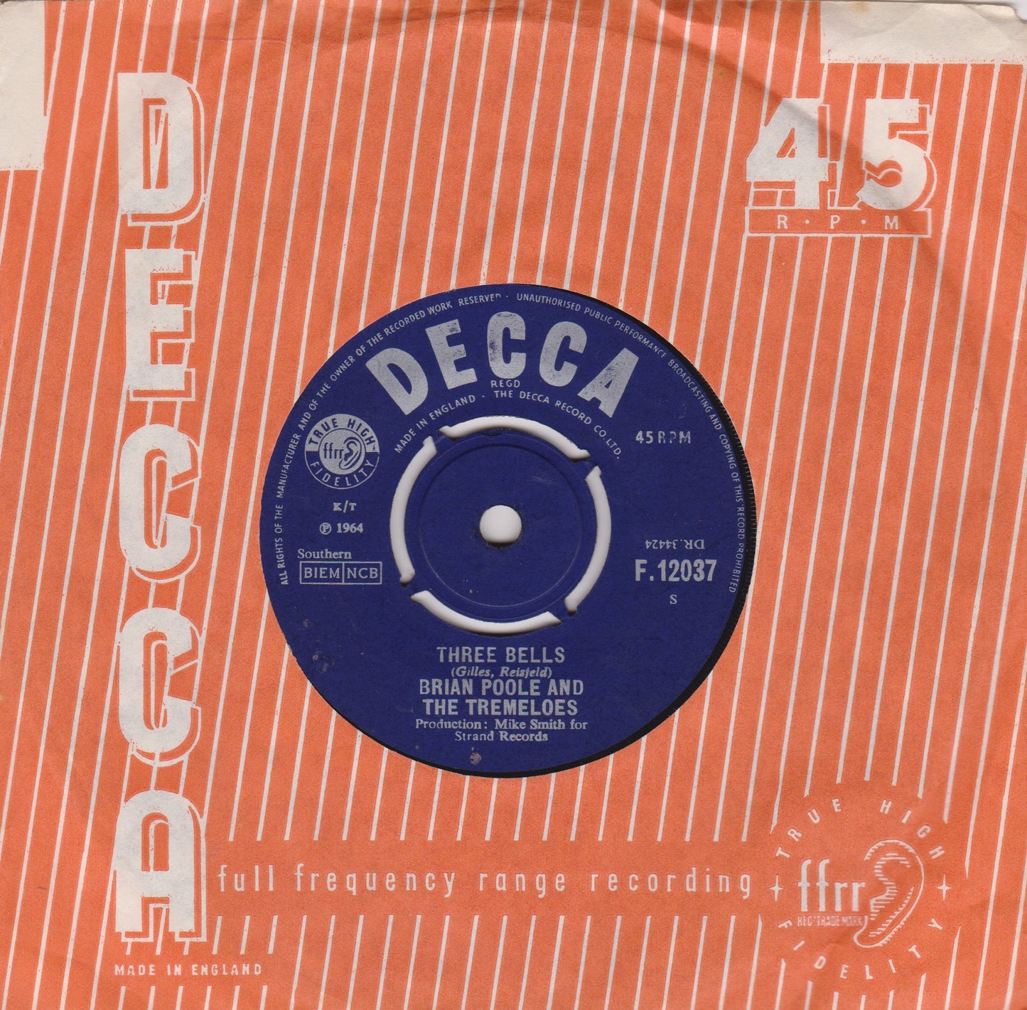 Brian Poole & The Tremeloes – Three Bells (Decca 1964) 7" vinyl single G+/VG