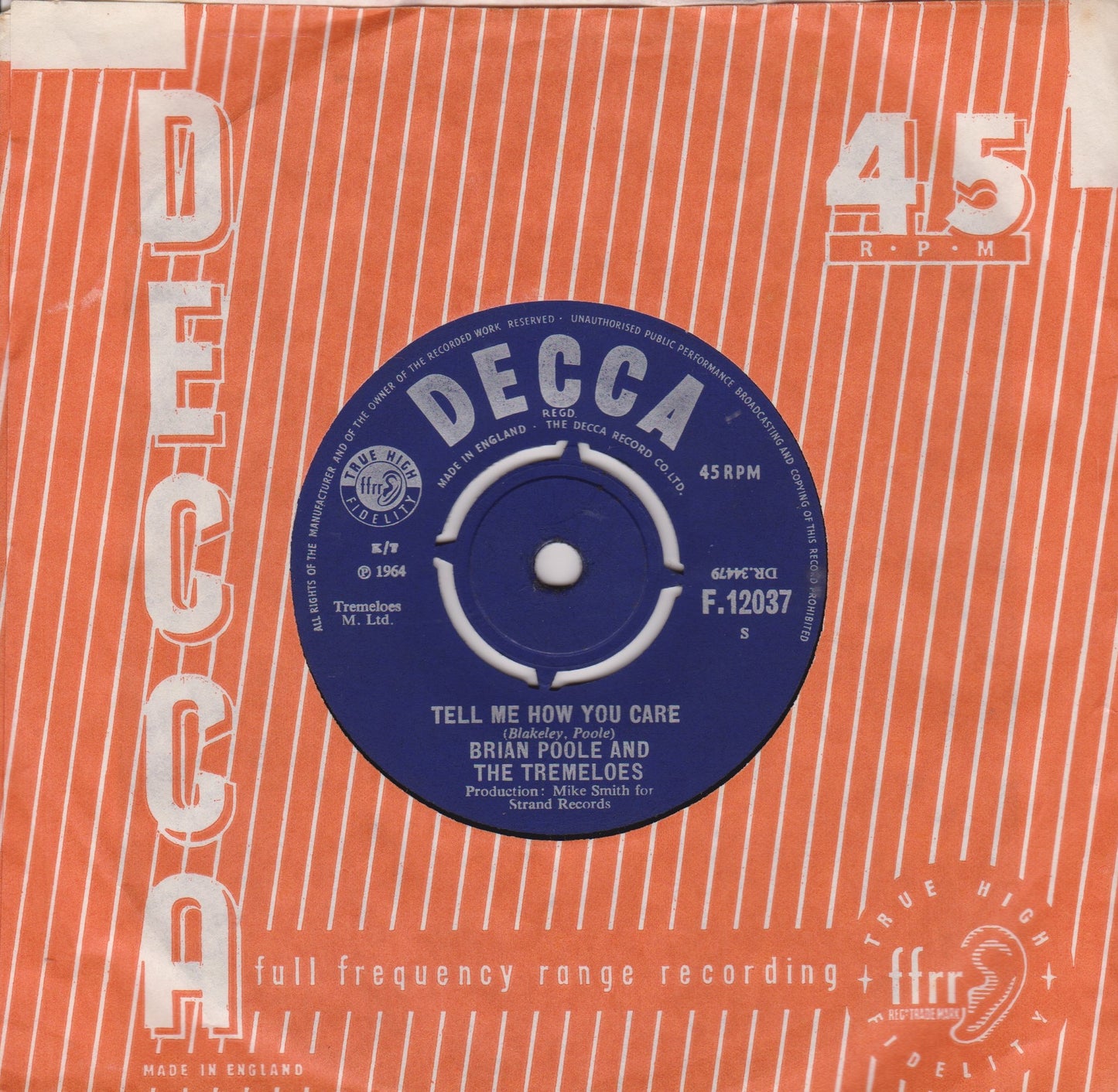 Brian Poole & The Tremeloes – Three Bells (Decca 1964) 7" vinyl single G+/VG