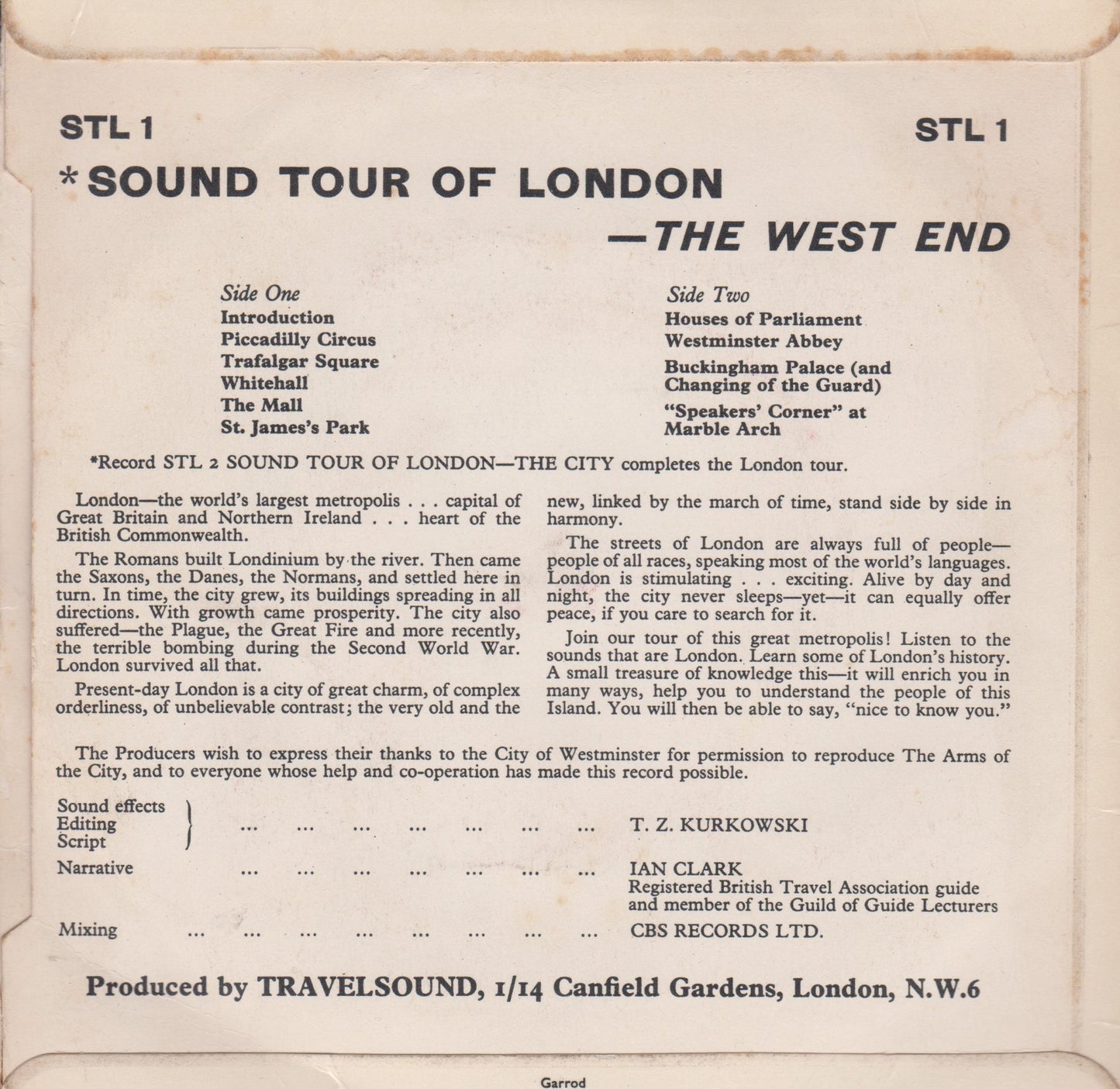 Various – Sound Tour Of London - The West End (Travelsound 1967) 7" vinyl P/S EP VG/VG