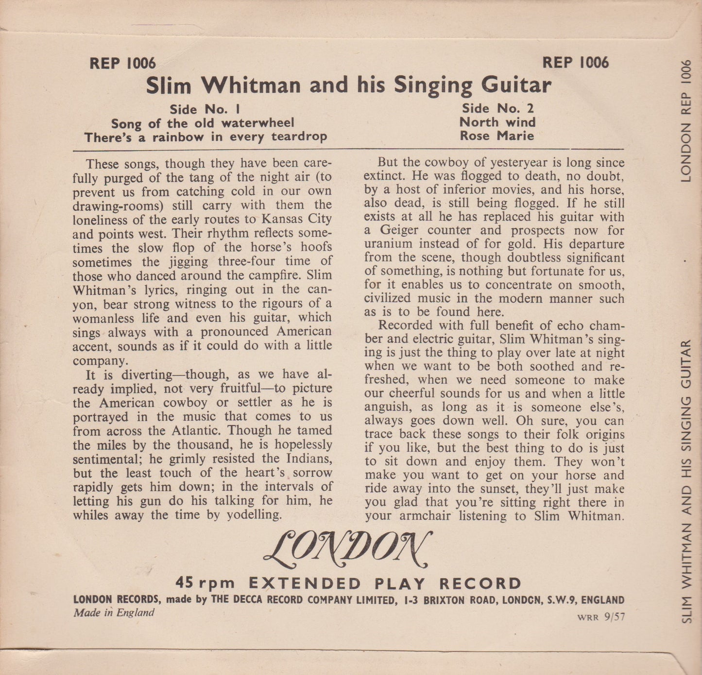 Slim Whitman – Slim Whitman And His Singing Guitar (London 1954) 7" vinyl EP VG/VG