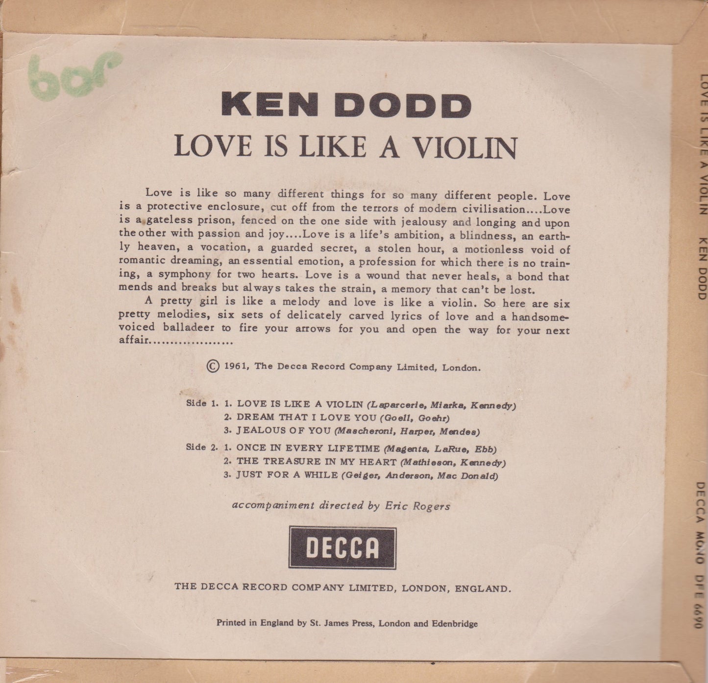 Ken Dodd – Love Is Like A Violin (Decca 1961) 7" vinyl P/S EP VG/VG