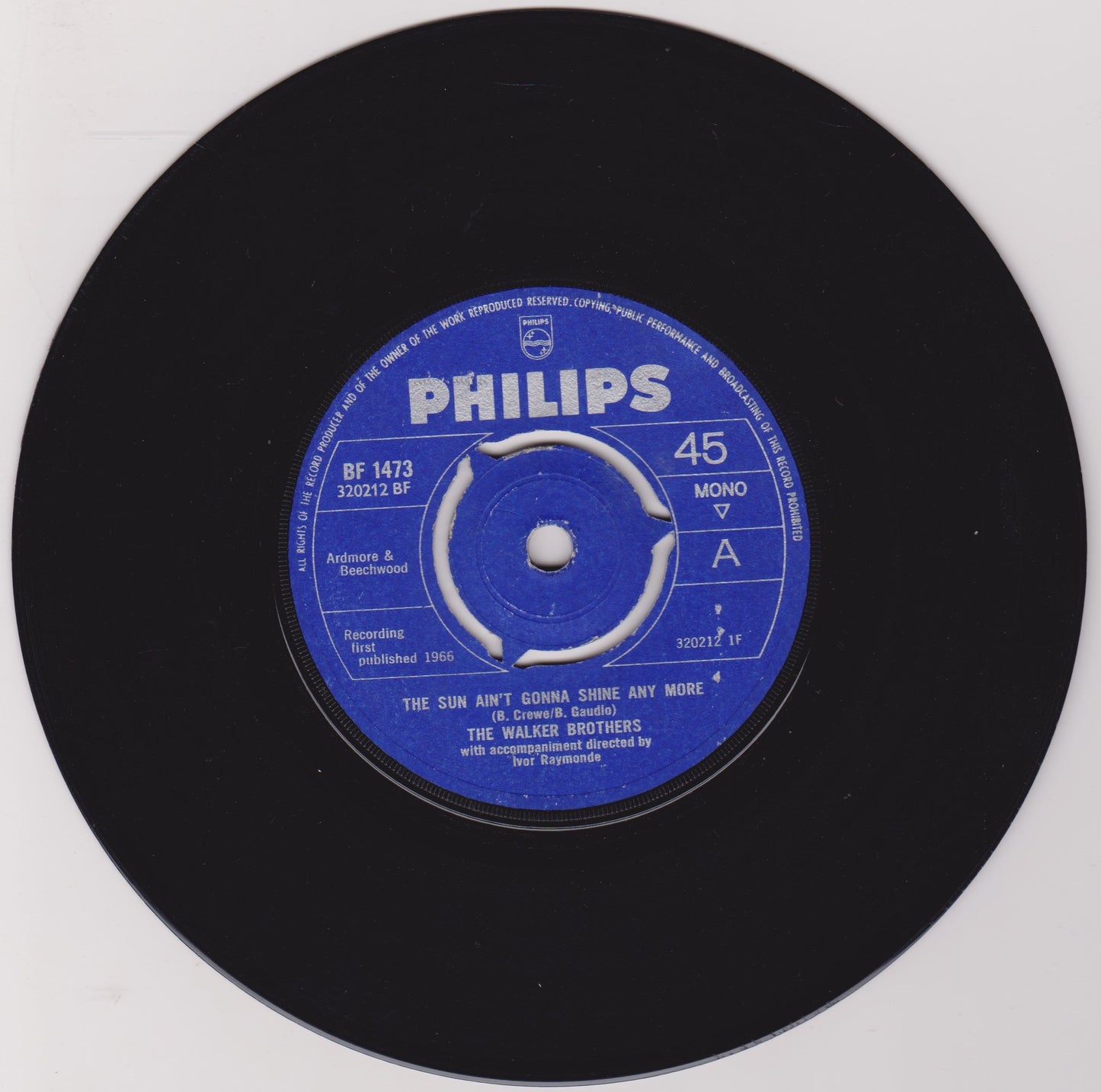 The Walker Brothers – The Sun Ain't Gonna Shine Any More (Philips 1966) 7" vinyl single VG/-