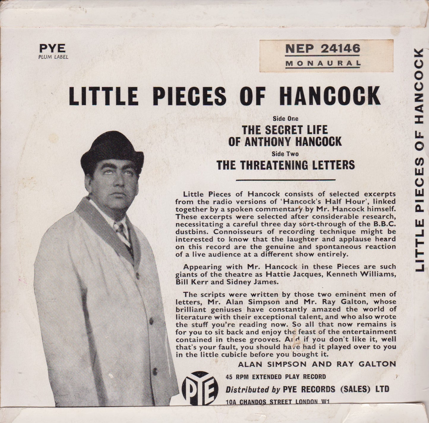 Tony Hancock ‎– Little Pieces Of Hancock (Pye 1960) 7" vinyl P/S EP VG/G+