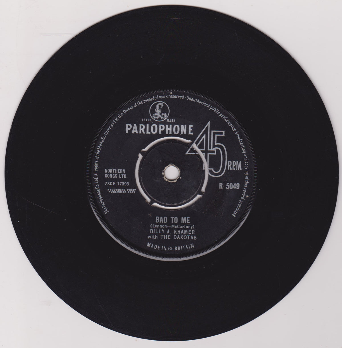 Billy J. Kramer With The Dakotas – Bad To Me (Parlophone 1963) 7" vinyl single G+/-