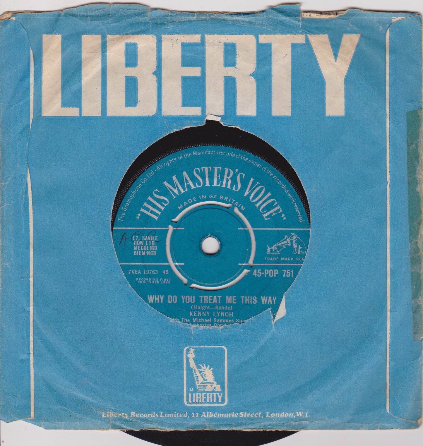 Kenny Lynch – Mountain Of Love (HMV 1960) 7" vinyl single VG/-