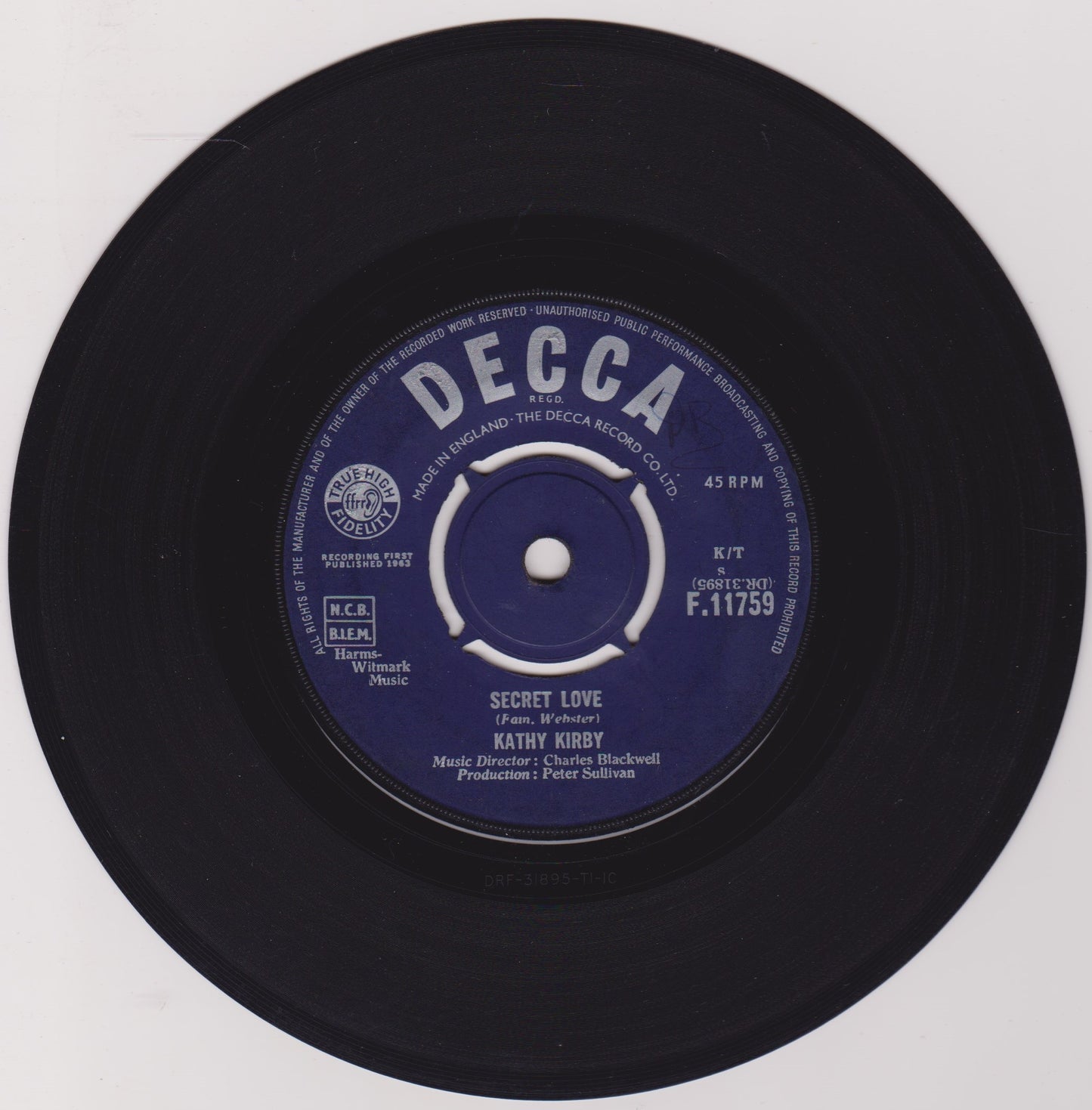 Kathy Kirby – Secret Love (Decca 1963) 7" vinyl single G+/-