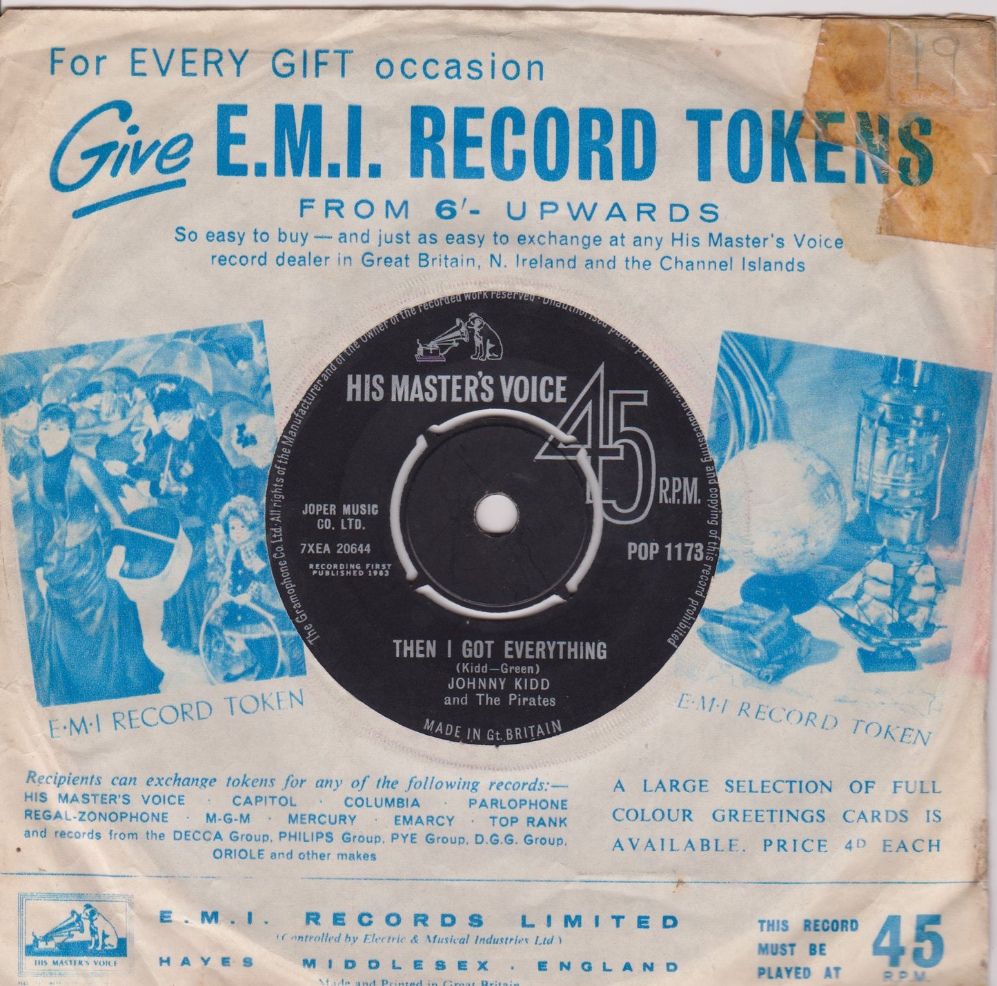 Johnny Kidd And The Pirates – I'll Never Get Over You (HMV 1963) 7" vinyl single VG/-