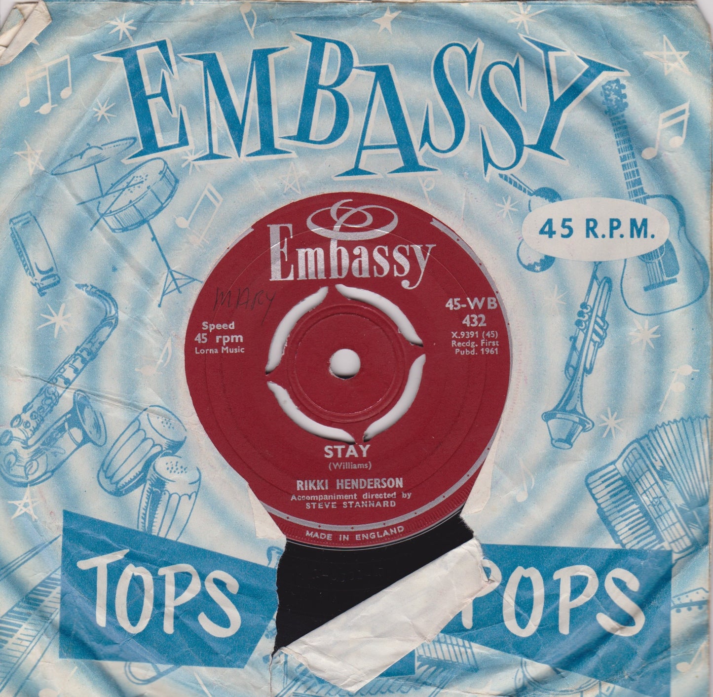 Rikki Henderson – Stay / Are You Lonesome Tonight? (Embassy) 7" vinyl single G+/G+