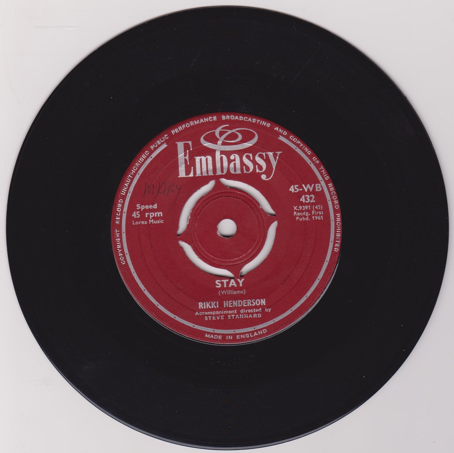 Rikki Henderson – Stay / Are You Lonesome Tonight? (Embassy) 7" vinyl single G+/G+