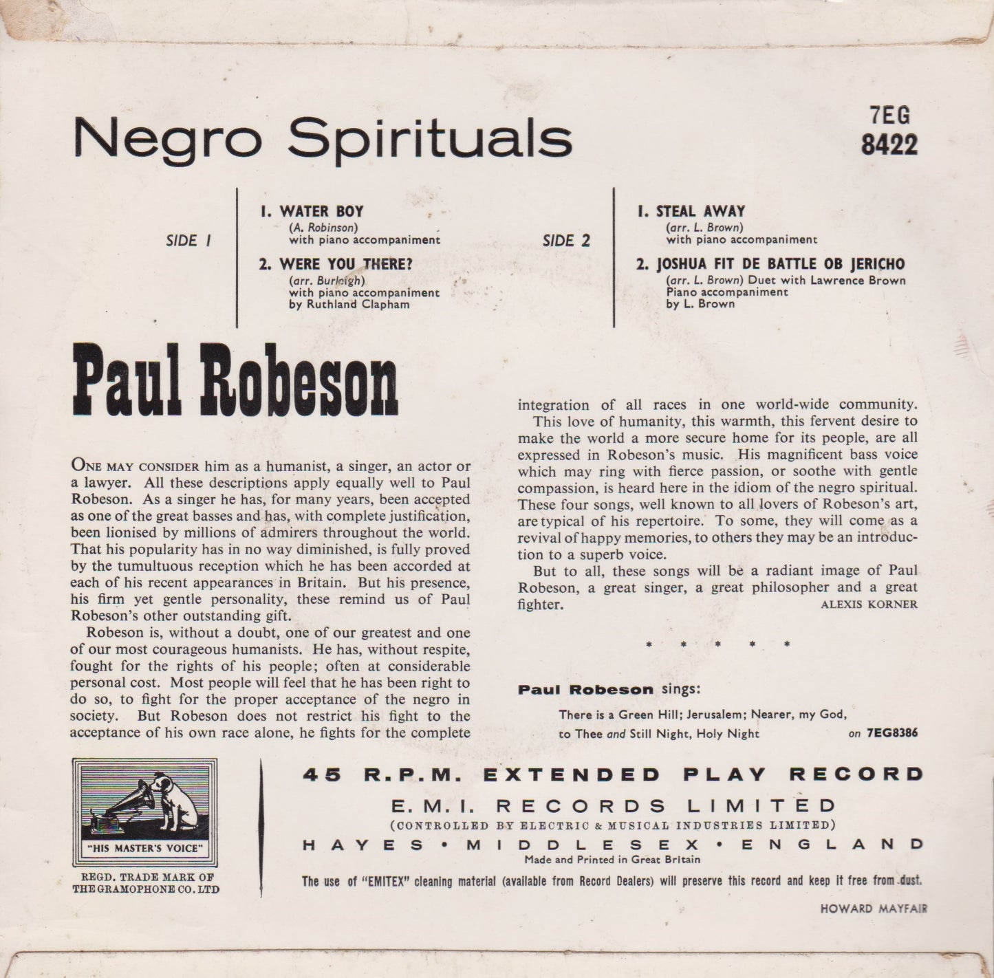 Paul Robeson – Negro Spirituals (HMV 1959) 7" vinyl P/S EP G+/VG