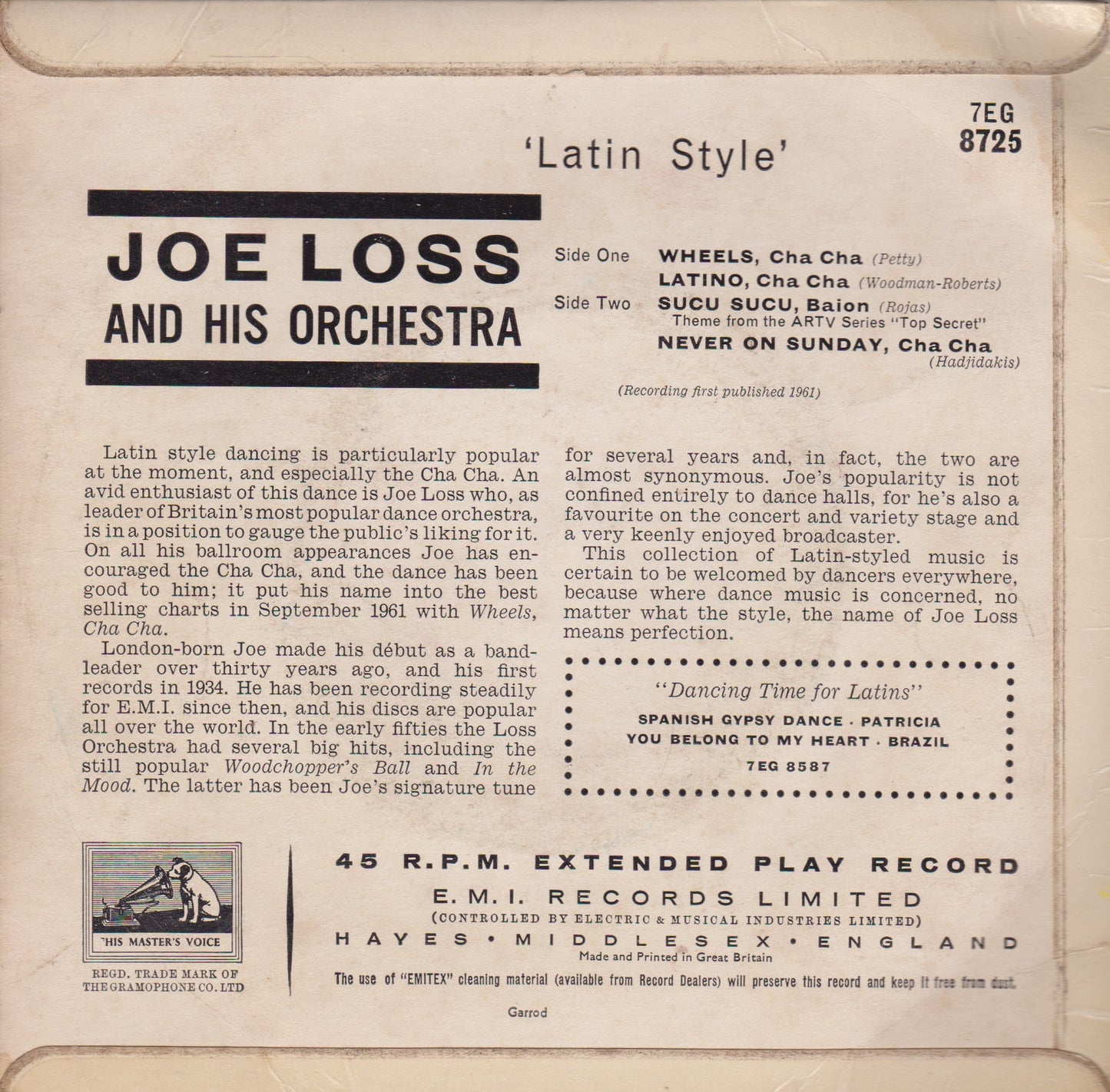 Joe Loss And His Orchestra ‎– Latin Style (HMV 1961) 7" vinyl P/S EP VG/VG