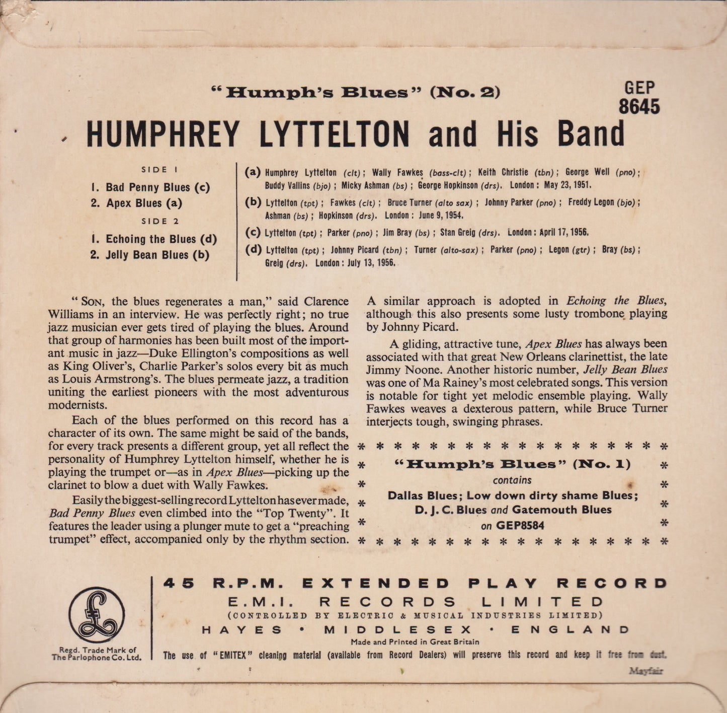 Humphrey Lyttelton And His Band – Humph's Blues (No.2) (Parlophone 1956) 7" vinyl P/S EP VG/VG jukebox