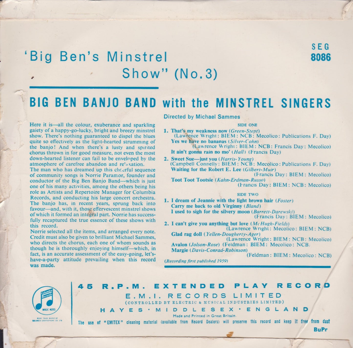 The Big Ben Banjo Band – Big Ben's Minstrel Show (No. 3) (Columbia 1961) 7" vinyl P/S EP VG/G