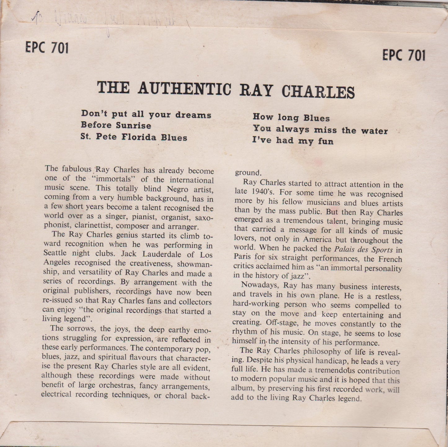 Ray Charles – The Authentic Ray Charles (Pop Parade 1962) 7" vinyl P/S EP VG/G+