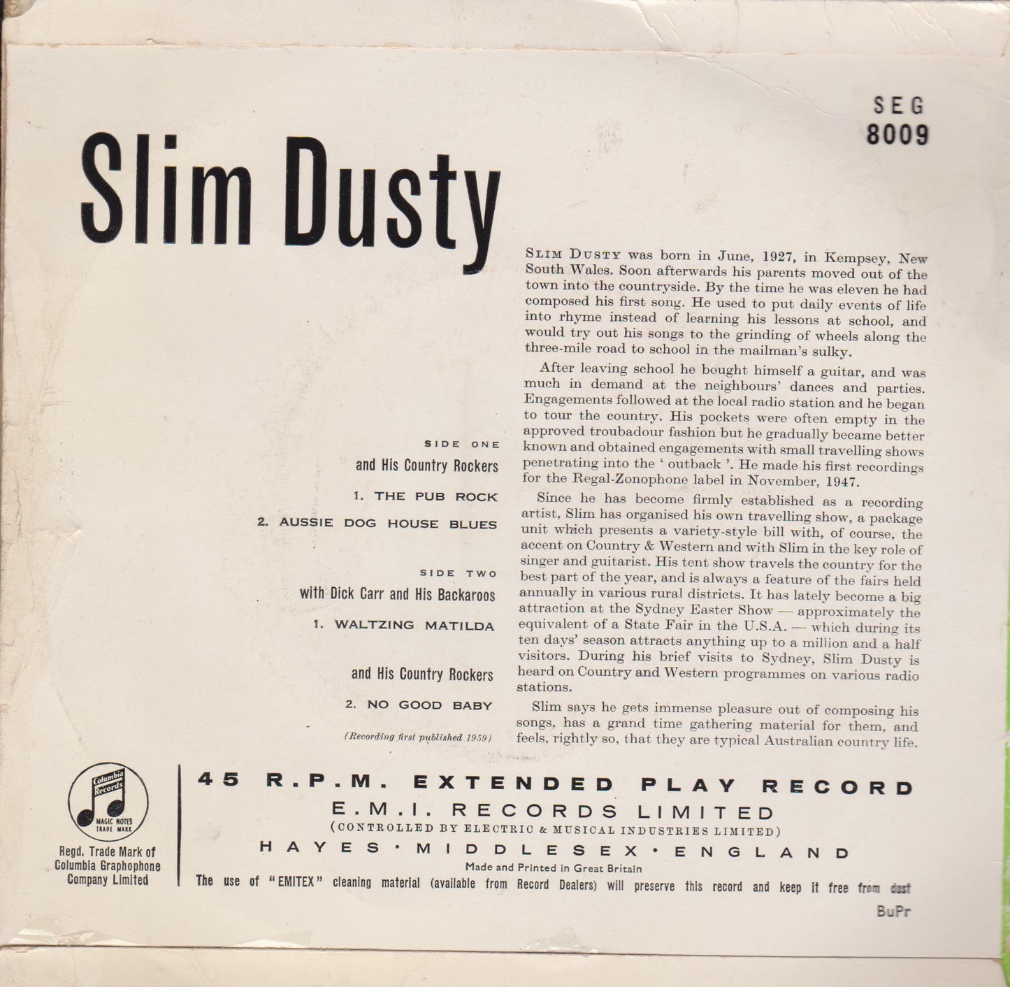 Slim Dusty And His Country Rockers ‎– The Pub Rock (Columbia 1960) 7" vinyl P/S EP VG/G+ mono