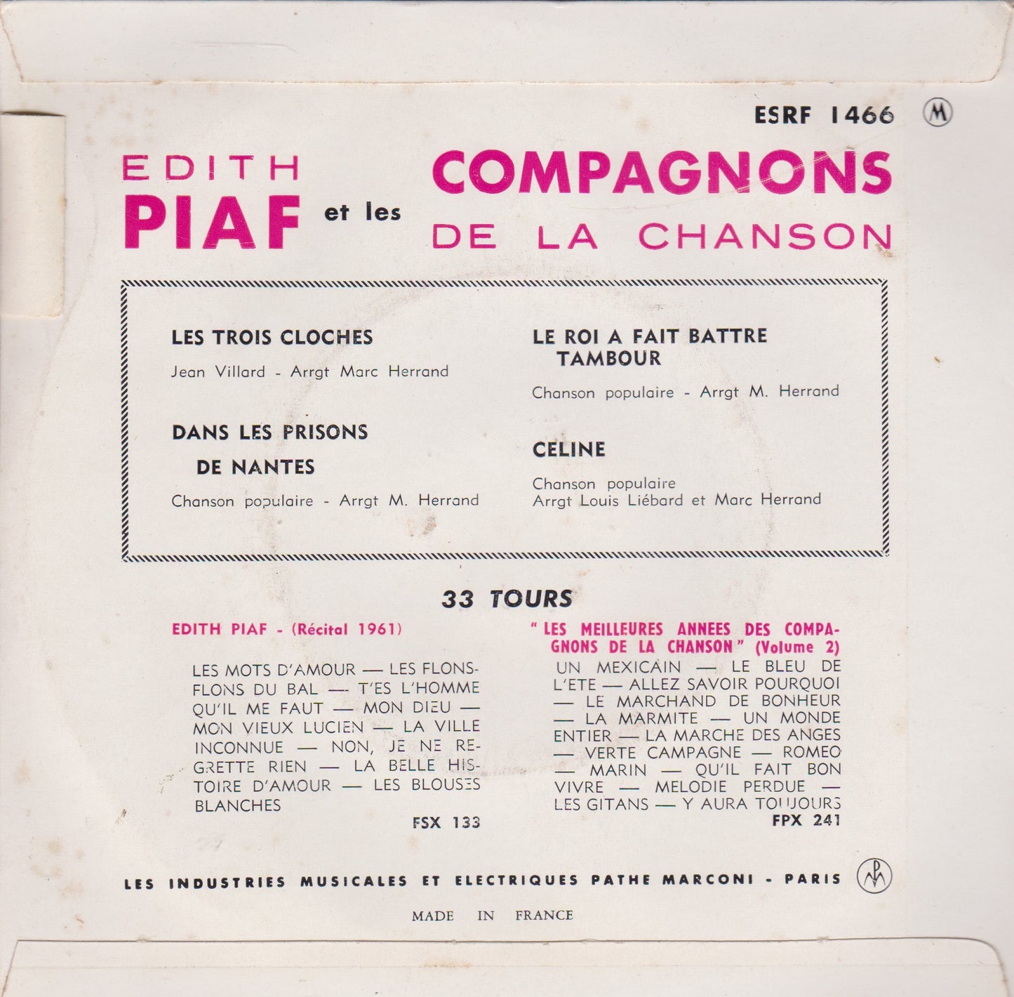 Edith Piaf Avec Les Compagnons De La Chanson ‎– Les 3 Cloches (Columbia 1964) 7" vinyl P/S EP VG/VG France