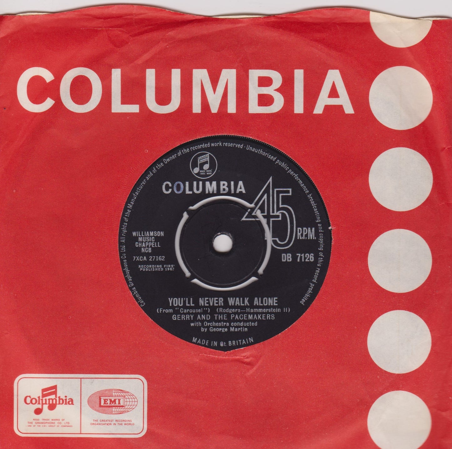 Gerry And The Pacemakers ‎– You'll Never Walk Alone (Columbia 1963) 7" vinyl single VG/VG