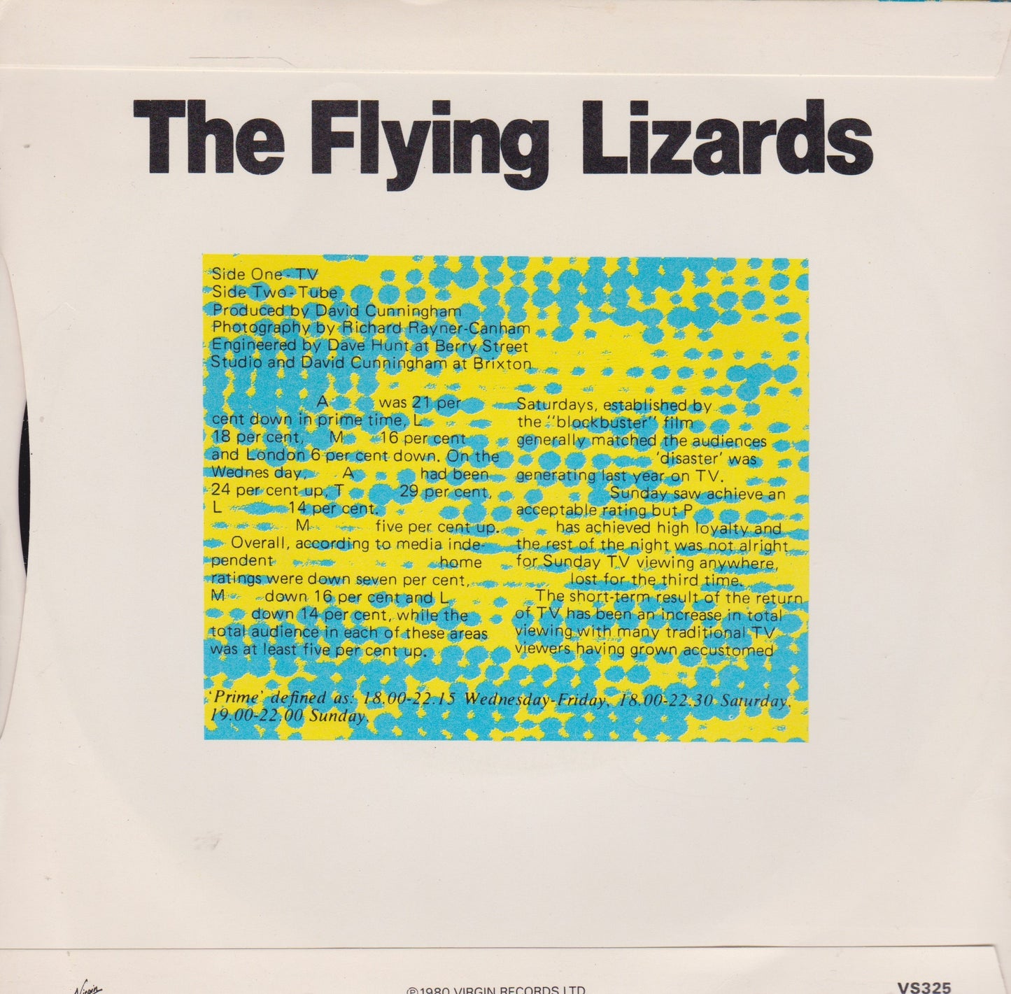 The Flying Lizards ‎– TV (Virgin 1980) 7" vinyl P/S single VG/VG