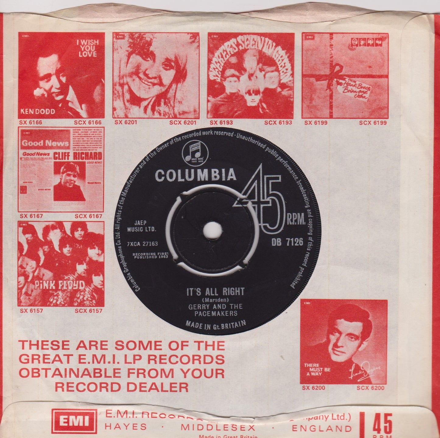 Gerry And The Pacemakers ‎– You'll Never Walk Alone (Columbia 1963) 7" vinyl single VG/VG