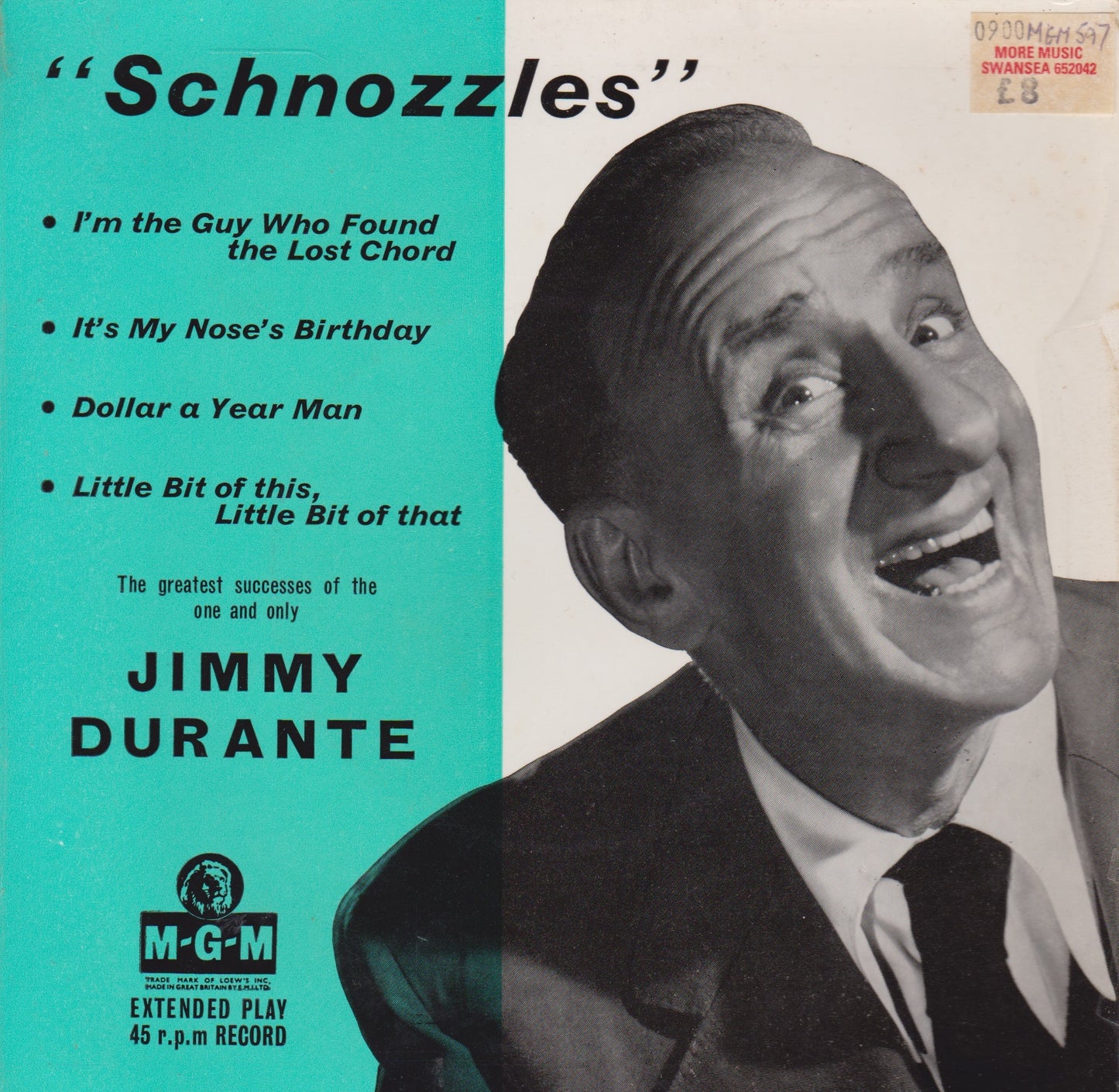 Jimmy Durante ‎– Schnozzles (MGM 1957) 7" vinyl P/S EP VG/VG jukebox
