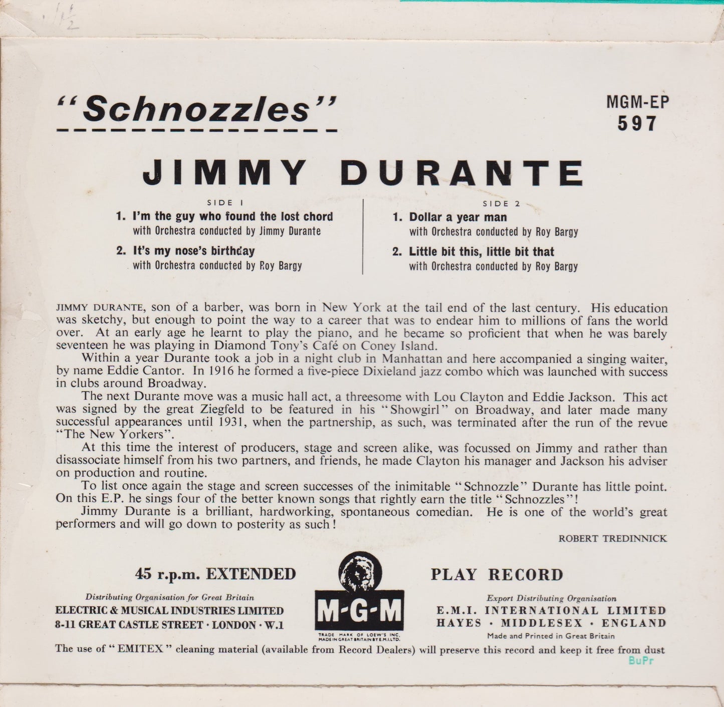 Jimmy Durante ‎– Schnozzles (MGM 1957) 7" vinyl P/S EP VG/VG jukebox