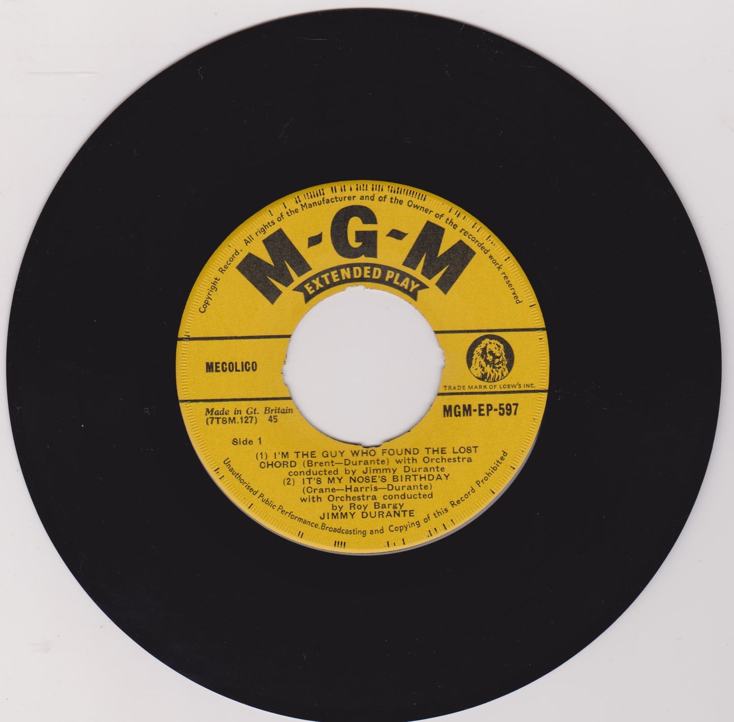 Jimmy Durante ‎– Schnozzles (MGM 1957) 7" vinyl P/S EP VG/VG jukebox